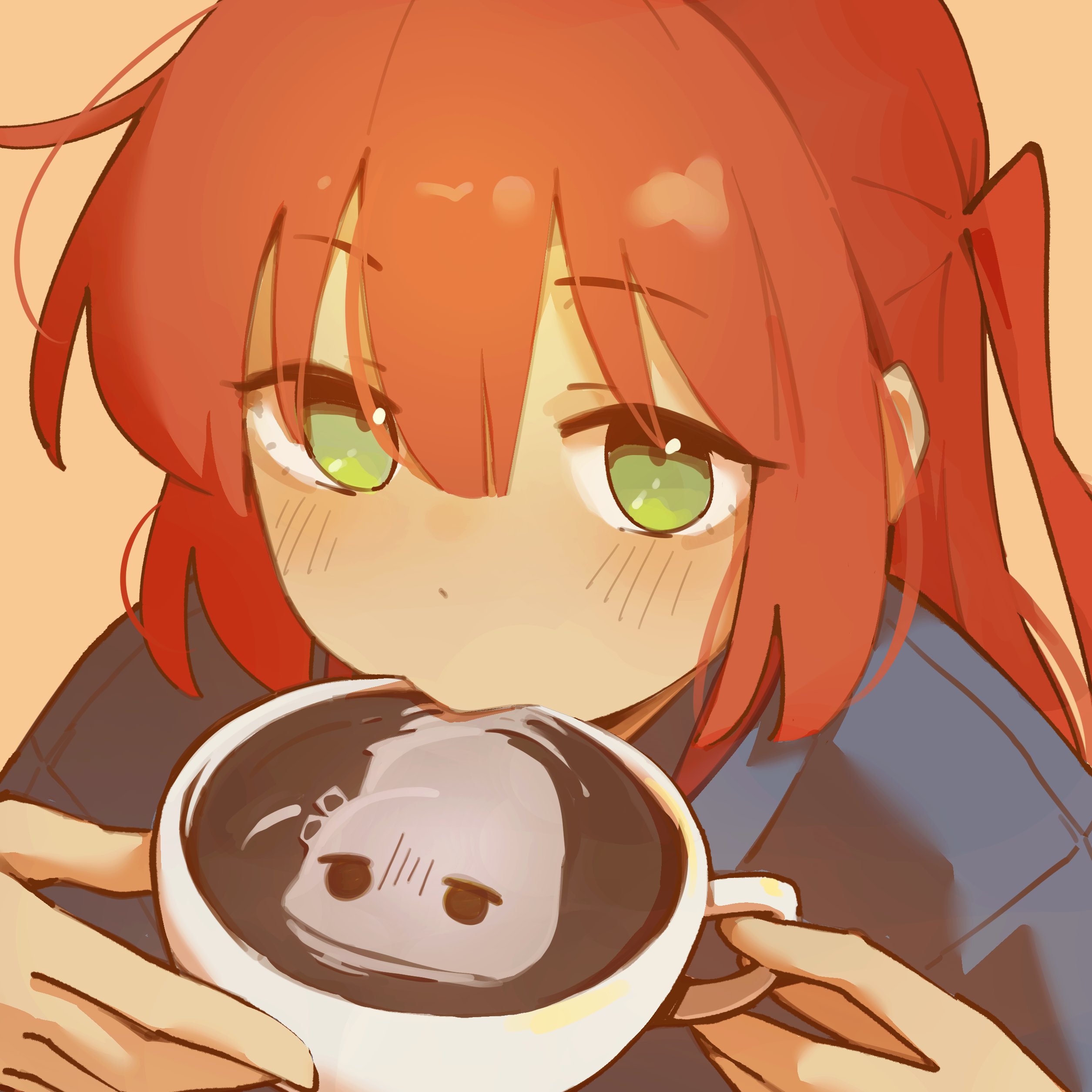machuuu68, gotoh hitori, gotoh hitori (tsuchinoko), kita ikuyo, bocchi the rock!, absurdres, commentary, highres, symbol-only commentary, 1girl, black shirt, coffee, coffee mug, cup, drink, green eyes, holding, holding cup, latte art, long hair, looking at viewer, mug, one side up, red hair, shirt, simple background