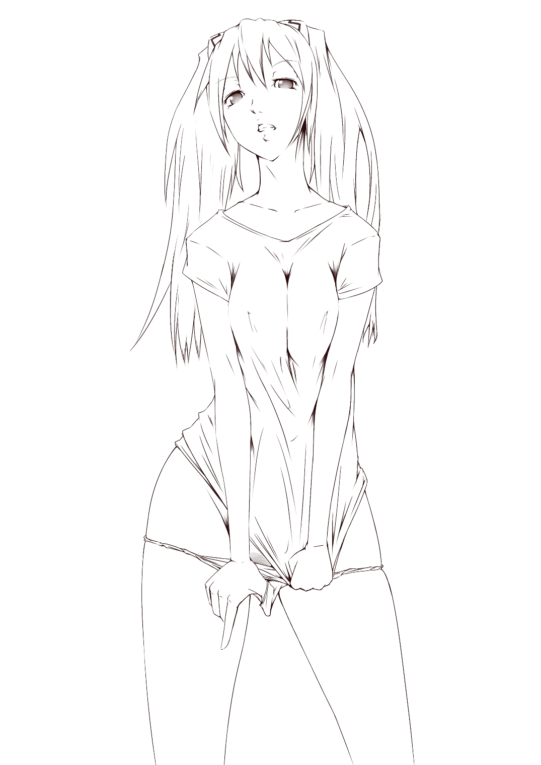 souryuu asuka langley, neon genesis evangelion, artist request, highres, greyscale, lineart, long hair, monochrome, panties, panty pull, solo, underwear