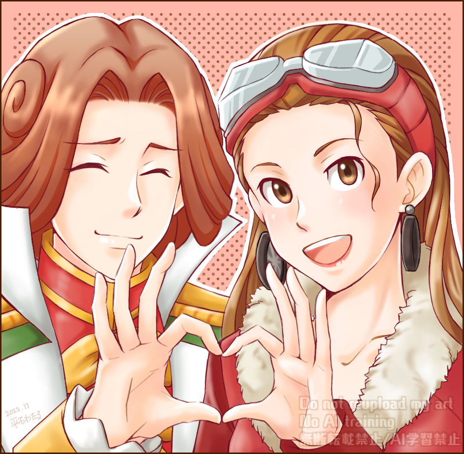 hiraishi wataru, desiree delite, ron delite, ace attorney, phoenix wright: ace attorney – trials and tribulations, commentary request, 1boy, 1girl, brown eyes, brown hair, coat, couple, epaulettes, goggles, goggles on head, heart, heart hands, heart hands duo, long hair, long sleeves, looking at viewer, open mouth, pink background, red coat, short hair, smile, upper body