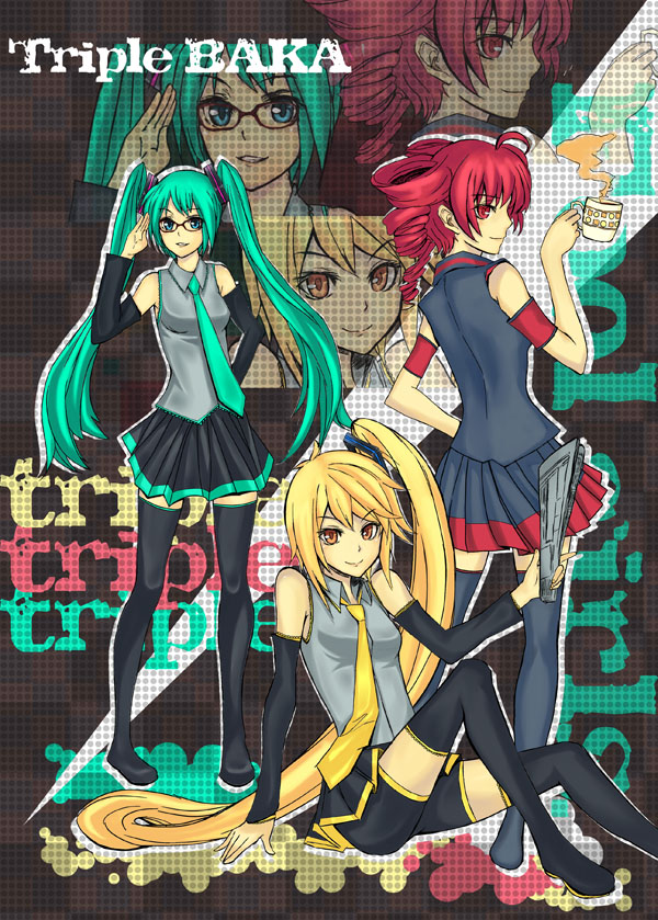 kiyuren, akita neru, hatsune miku, kasane teto, kasane teto (utau), triple baka (vocaloid), utau, vocaloid, 3girls, ahoge, aqua eyes, aqua hair, asymmetrical hair, bespectacled, blonde hair, crossover, cup, drill hair, glasses, long hair, mug, multiple girls, necktie, newspaper, red eyes, red hair, side ponytail, skirt, smile, thighhighs, twin drills, twintails, very long hair, yellow eyes, zettai ryouiki