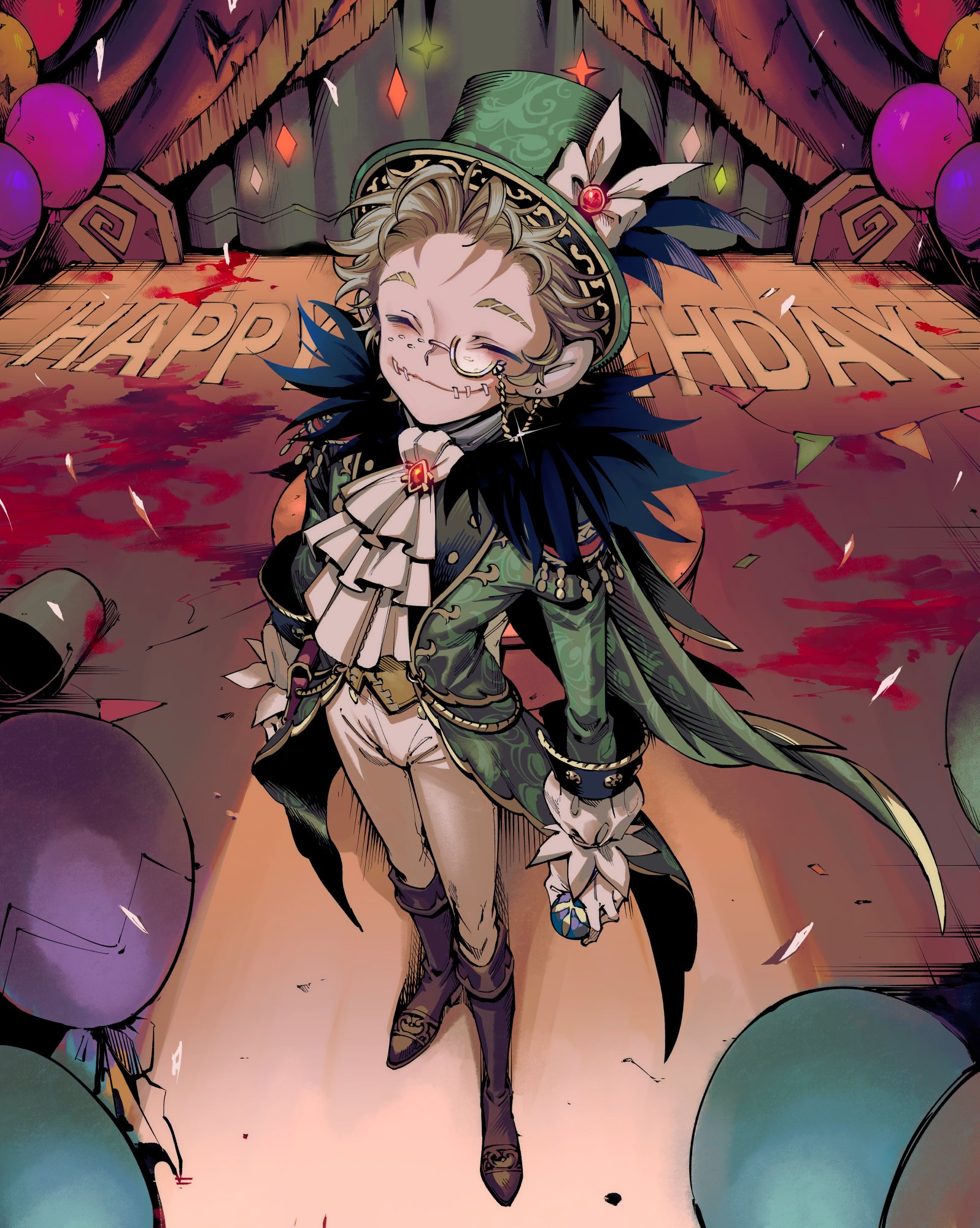 yousuke (yosk), mike morton, mike morton (mr. swifts), identity v, highres, 1boy, ascot, balloon, blonde hair, blood, blood on ground, boots, brooch, brown boots, circus, closed eyes, coat, frilled ascot, frills, fur-trimmed coat, fur trim, gem, glasses, gloves, gold trim, green hat, hair intakes, happy birthday, hat, jewelry, knee boots, male focus, monocle, official alternate costume, pants, pince-nez, print coat, raised eyebrows, red gemstone, short hair, solo, stitched mouth, stitches, top hat, white ascot, white gloves, white pants