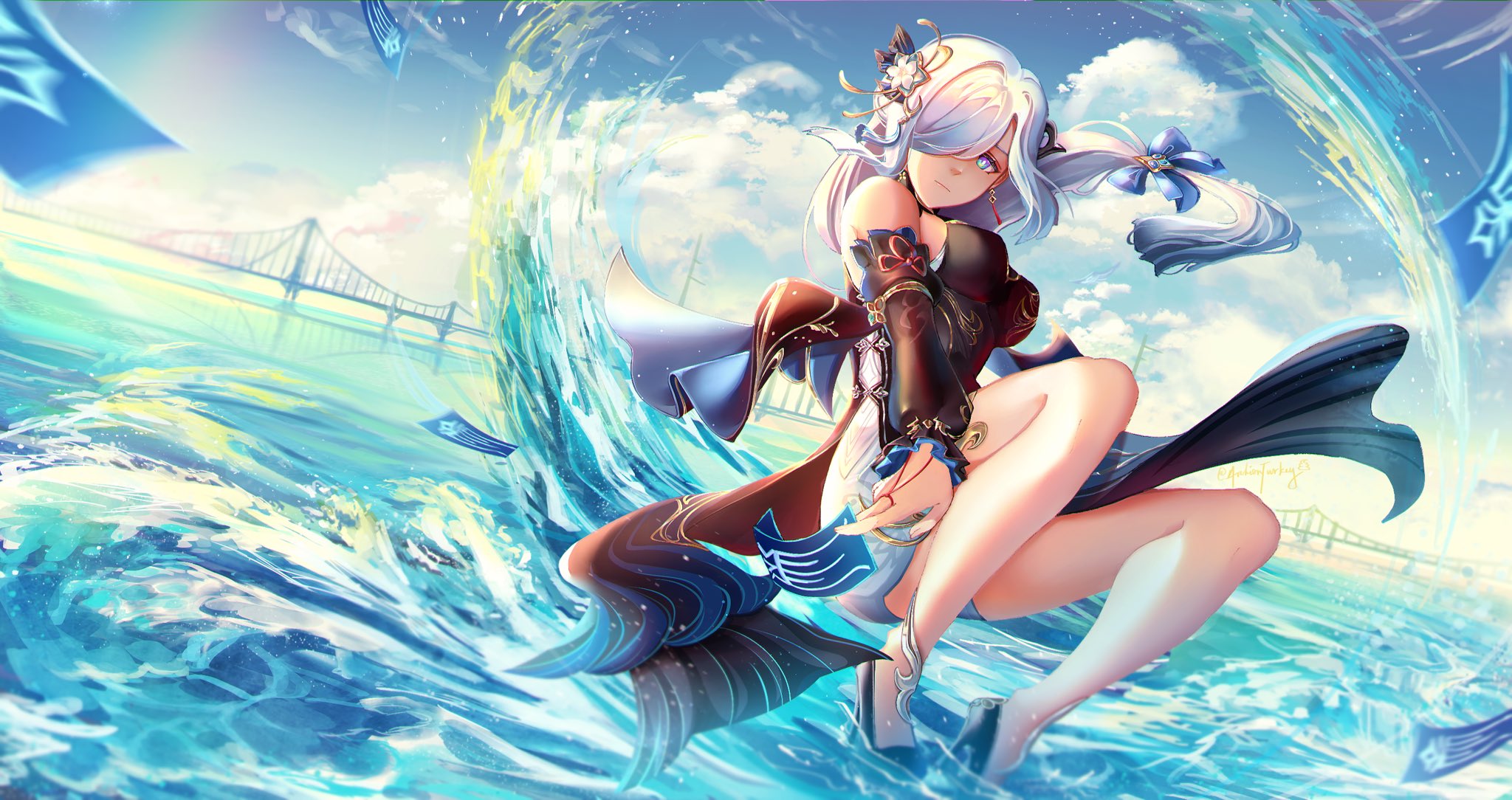 shenhe (genshin impact), genshin impact, clothing request, highres, 1girl, archionturkey, black dress, blue eyes, bow, breasts, bridge, cleavage, detached sleeves, dress, dutch angle, flower, full body, hair bow, hair flower, hair ornament, hair over one eye, high heels, knees up, lens flare, long hair, looking at viewer, rainbow, smile, solo, squatting, twisted torso, wading, waves, white hair