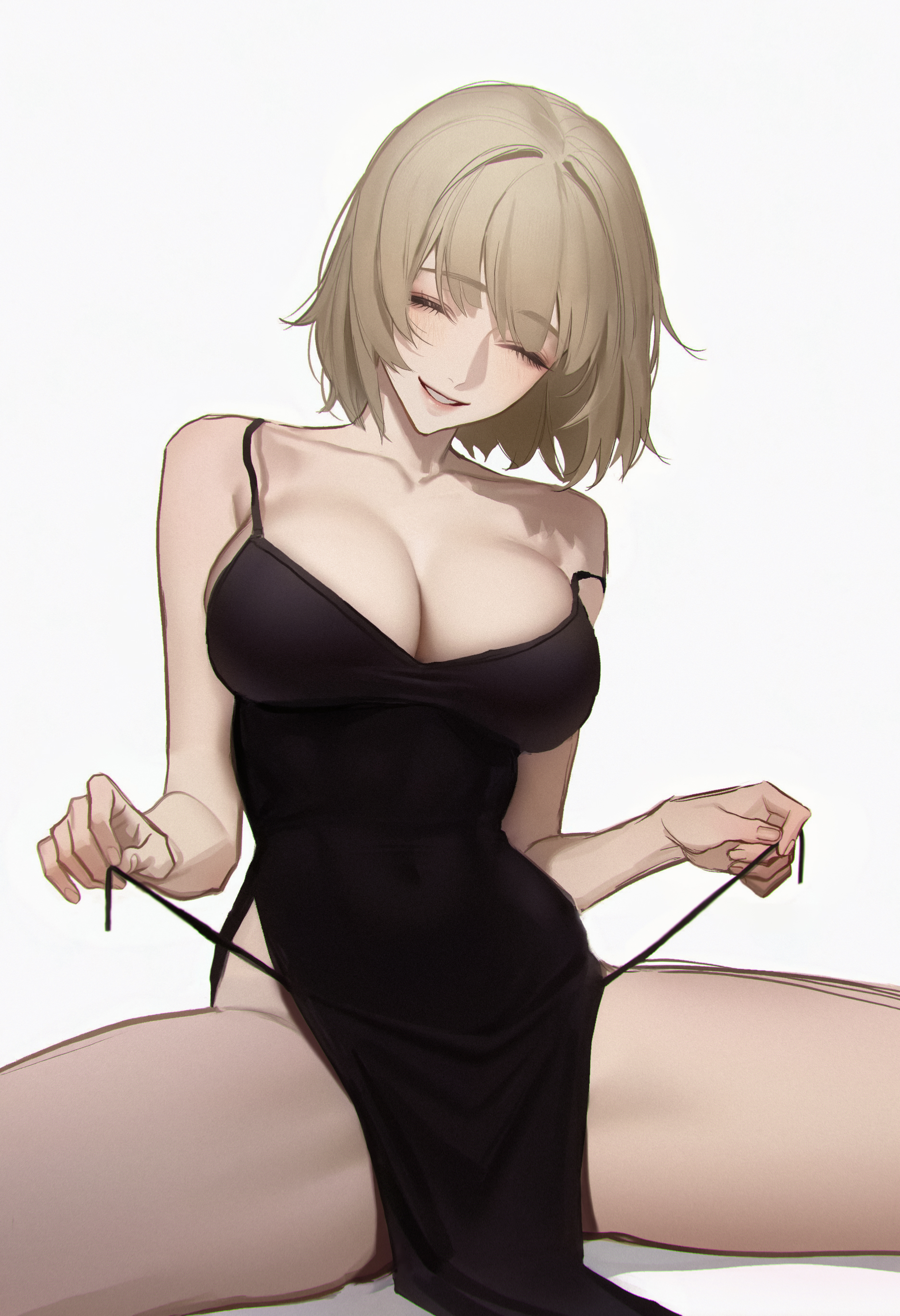 falin touden, dungeon meshi, absurdres, highres, tagme, 1girl, blonde hair, breasts, closed eyes, holding, large breasts, short hair, simple background, solo, yorelle ml