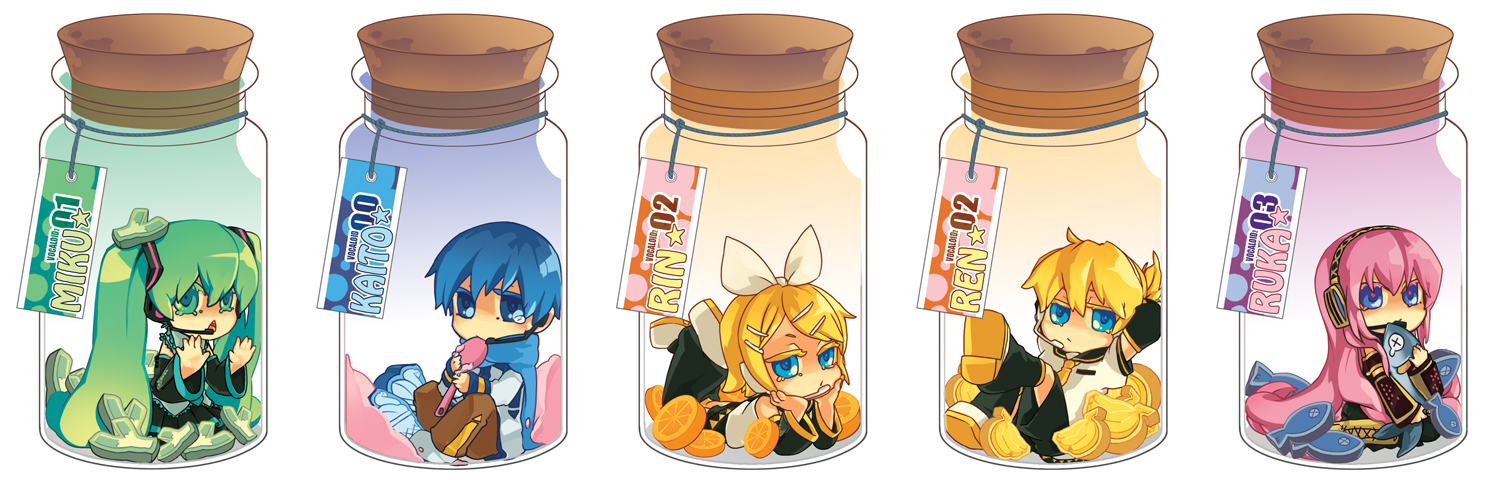 zorim, hatsune miku, kagamine len, kagamine rin, kaito (vocaloid), megurine luka, vocaloid, pot, bad id, bad pixiv id, long image, wide image, 2boys, 3girls, aqua hair, banana, blonde hair, blue eyes, blue scarf, boots, bottle, boy in food, chibi, detached sleeves, food, fruit, hair ornament, hair ribbon, hairclip, headphones, headset, holding, ice cream, in container, in food, jar, long hair, mini person, miniboy, minigirl, multiple boys, multiple girls, necktie, orange (fruit), pink hair, ribbon, scarf, short hair, shorts, simple background, sitting, skirt, spring onion, tuna, twintails