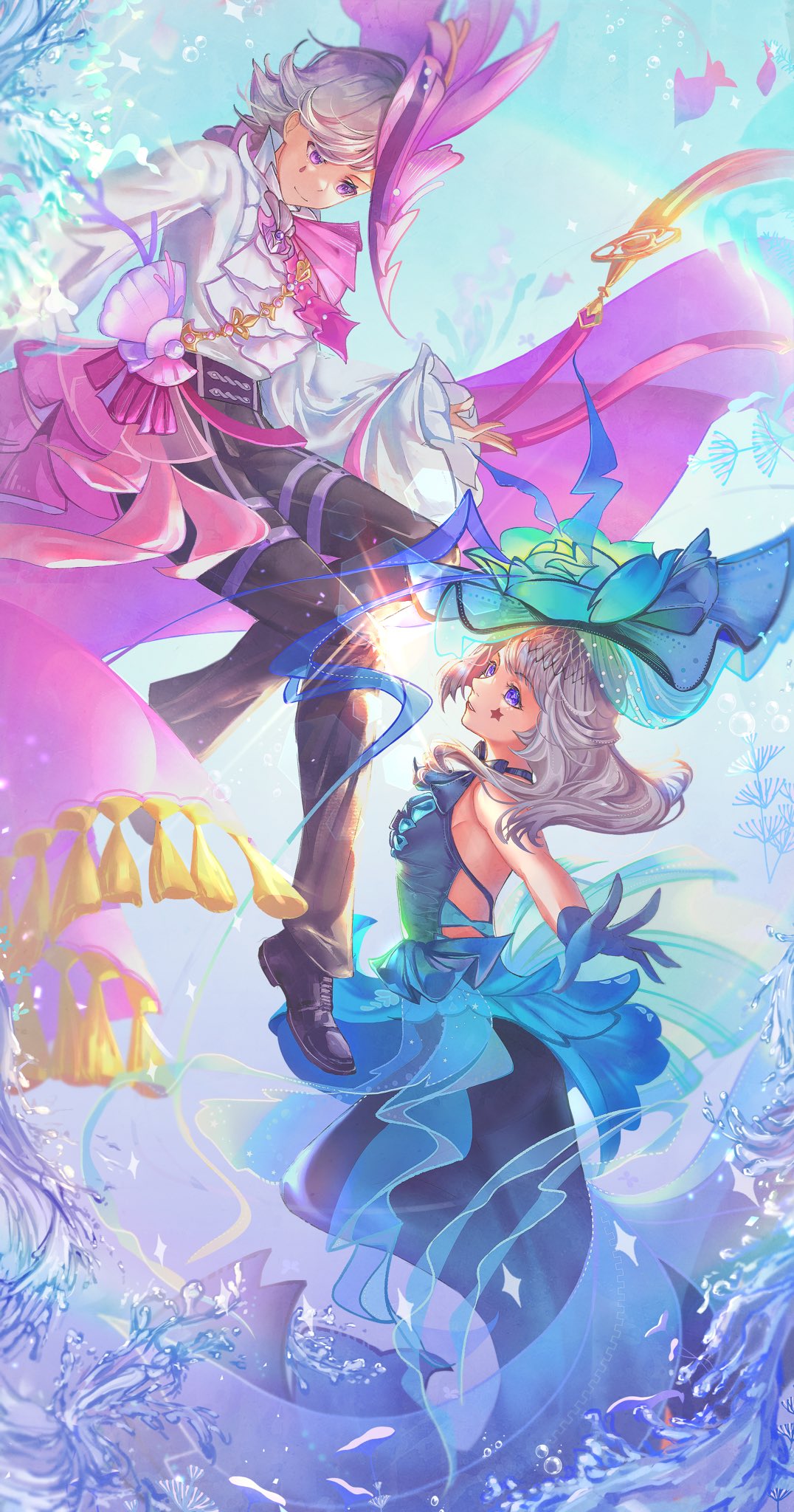 lynette (genshin impact), lyney (genshin impact), genshin impact, commentary, english commentary, highres, 1boy, 1girl, archionturkey, ascot, blue dress, blue gloves, brooch, curtains, dress, facial mark, floating, frilled ascot, frills, full body, gloves, grin, hat, jewelry, layered ascot, long hair, official alternate costume, outstretched arms, purple eyes, shoes, short hair, siblings, smile, sneakers, star (symbol), star facial mark, star sticker, sticker, tassel, teardrop facial mark, twins, veil, white hair, wide sleeves