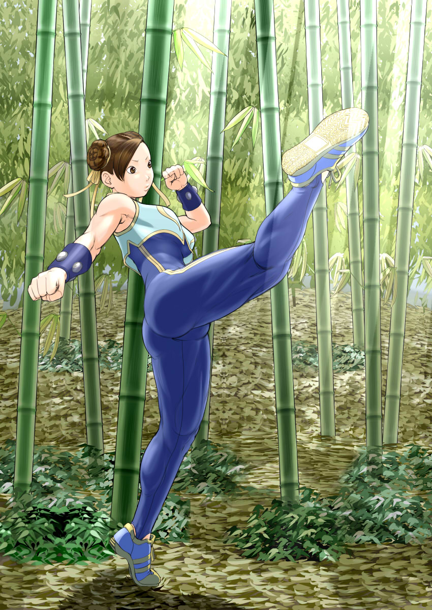 ex hk, chun-li, capcom, street fighter, bad id, bad pixiv id, highres, 1girl, ass, bamboo, bamboo forest, blue shoes, bodysuit, breasts, brown hair, female focus, forest, full body, muscular, nature, no socks, outdoors, shoes, small breasts, solo