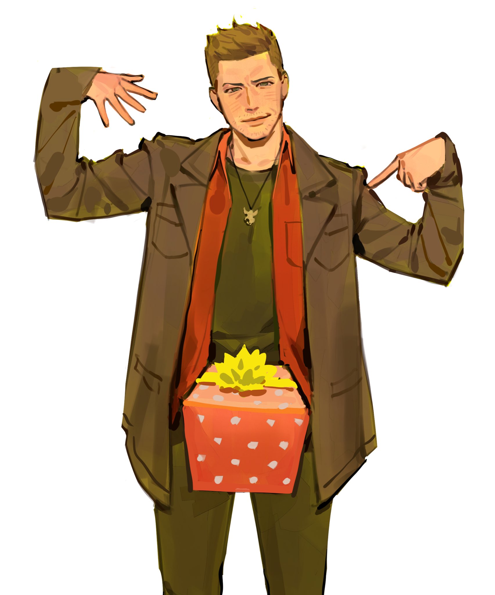 kunnuscumnus, dean winchester, supernatural (tv series), highres, 1boy, arms up, beard stubble, blonde hair, box, brown jacket, closed mouth, collared shirt, cowboy shot, crew cut, facial hair, gift, gift box, green eyes, green pants, green shirt, half-closed eyes, jacket, jewelry, looking at viewer, necklace, open clothes, open hand, open jacket, open shirt, pants, pointing, pointing at object, raised eyebrow, red shirt, shirt, shirt under shirt, simple background, smirk, stubble, white background