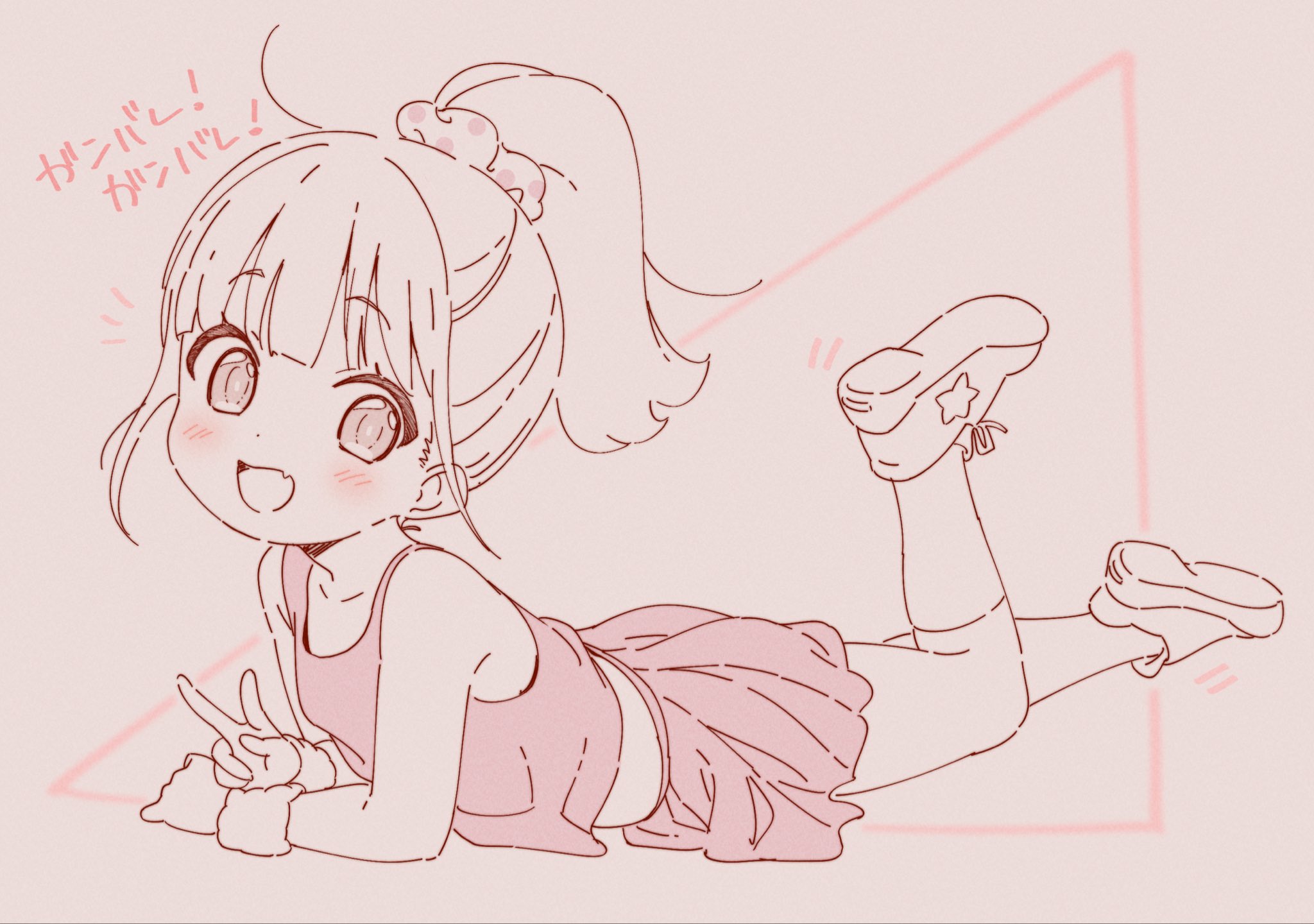 jigatei (omijin), 1girl, ahoge, ass, hairband, looking at viewer, lying, on stomach, peace symbol, ponytail, socks