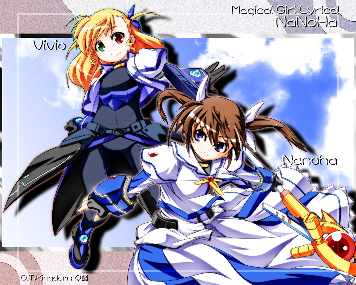 u-ka, yuuka (o.t.kingdom), raising heart, raising heart (device mode) (1st), takamachi nanoha, takamachi nanoha (movie 1st mode), vivio, lyrical nanoha, mahou shoujo lyrical nanoha, mahou shoujo lyrical nanoha the movie 1st, mahou shoujo lyrical nanoha vivid, 10s, 2girls, blonde hair, bodysuit, brown hair, fingerless gloves, gloves, heterochromia, long hair, multiple girls, purple eyes, twintails