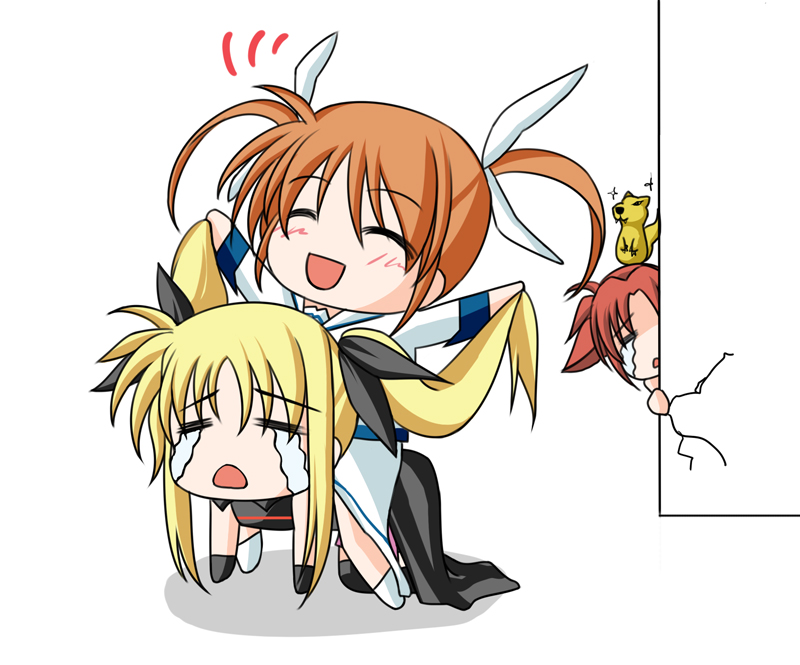 amicis, arf, fate testarossa, takamachi nanoha, yuuno scrya, lyrical nanoha, mahou shoujo lyrical nanoha, 00s, 3girls, blonde hair, brown hair, carrying, multiple girls, piggyback, red hair, riding, sitting