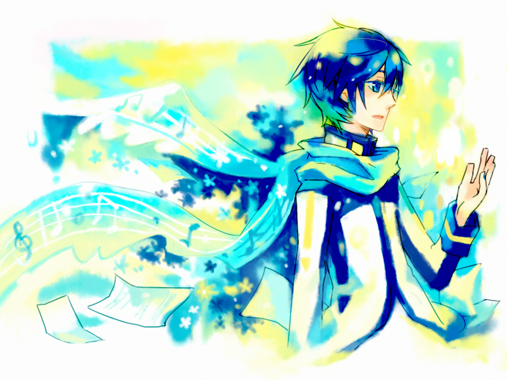 verus, kaito (vocaloid), vocaloid, 1boy, blue eyes, blue hair, blue scarf, male focus, matching hair/eyes, musical note, musical staff, quaver, scarf, sheet music, short hair, solo, treble clef