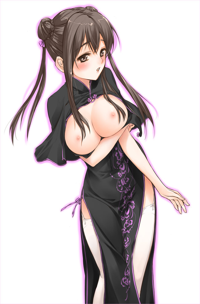 kanda aya, motoori chigusa, original, breast hold, bad id, bad pixiv id, 1girl, blush, breasts, brown eyes, brown hair, china dress, chinese clothes, dress, female focus, large breasts, nipples, simple background, small nipples, solo, thighhighs, twintails