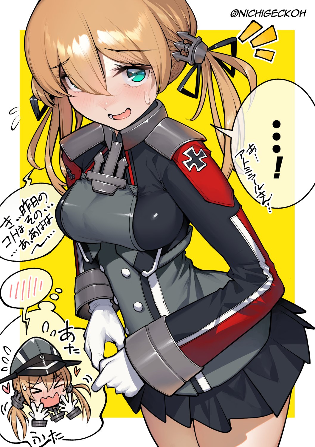 nichigeckoh, prinz eugen (kancolle), kantai collection, commentary request, highres, translation request, …, 1girl, anchor hair ornament, anchor ornament, blonde hair, blue eyes, breasts, cross, gloves, hair ornament, hair over one eye, hat, iron cross, long hair, long sleeves, looking at viewer, low twintails, medium breasts, microskirt, military hat, military uniform, multiple views, open mouth, peaked cap, skirt, spoken blush, spoken ellipsis, standing, twintails, white gloves, yellow background