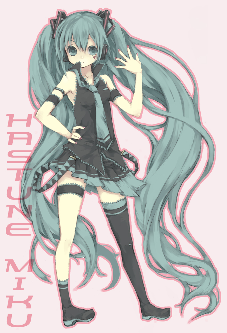 naco65, noa (kidoairaku), hatsune miku, vocaloid, 1girl, aqua eyes, aqua hair, asymmetrical clothes, asymmetrical footwear, female focus, headphones, headset, heart, long hair, mismatched footwear, nail polish, necktie, pink nails, single thighhigh, skirt, solo, thighhighs, twintails, very long hair