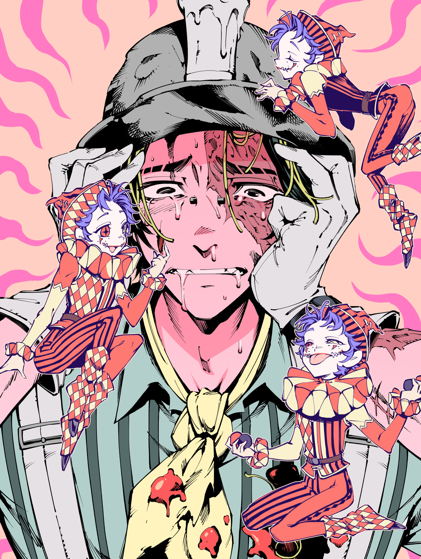 yousuke (yosk), mike morton, mike morton (puppet), norton campbell, norton campbell (jarhead), identity v, highres, 4boys, :p, ascot, black eyes, blonde streaks, blue hair, bridge piercing, candle, clone, closed eyes, crying, crying with eyes open, face piercing, facepaint, green shirt, grey hat, hands on own head, harlequin, hat, heterochromia, looking at viewer, male focus, midair, mini person, multiple boys, neck ruff, official alternate costume, patterned clothing, piercing, red eyes, saliva, scar, scar across eye, scar on face, shirt, snot trail, striped clothes, striped shirt, tears, tongue, tongue out, vertical-striped clothes, vertical-striped shirt, yellow ascot, yellow eyes