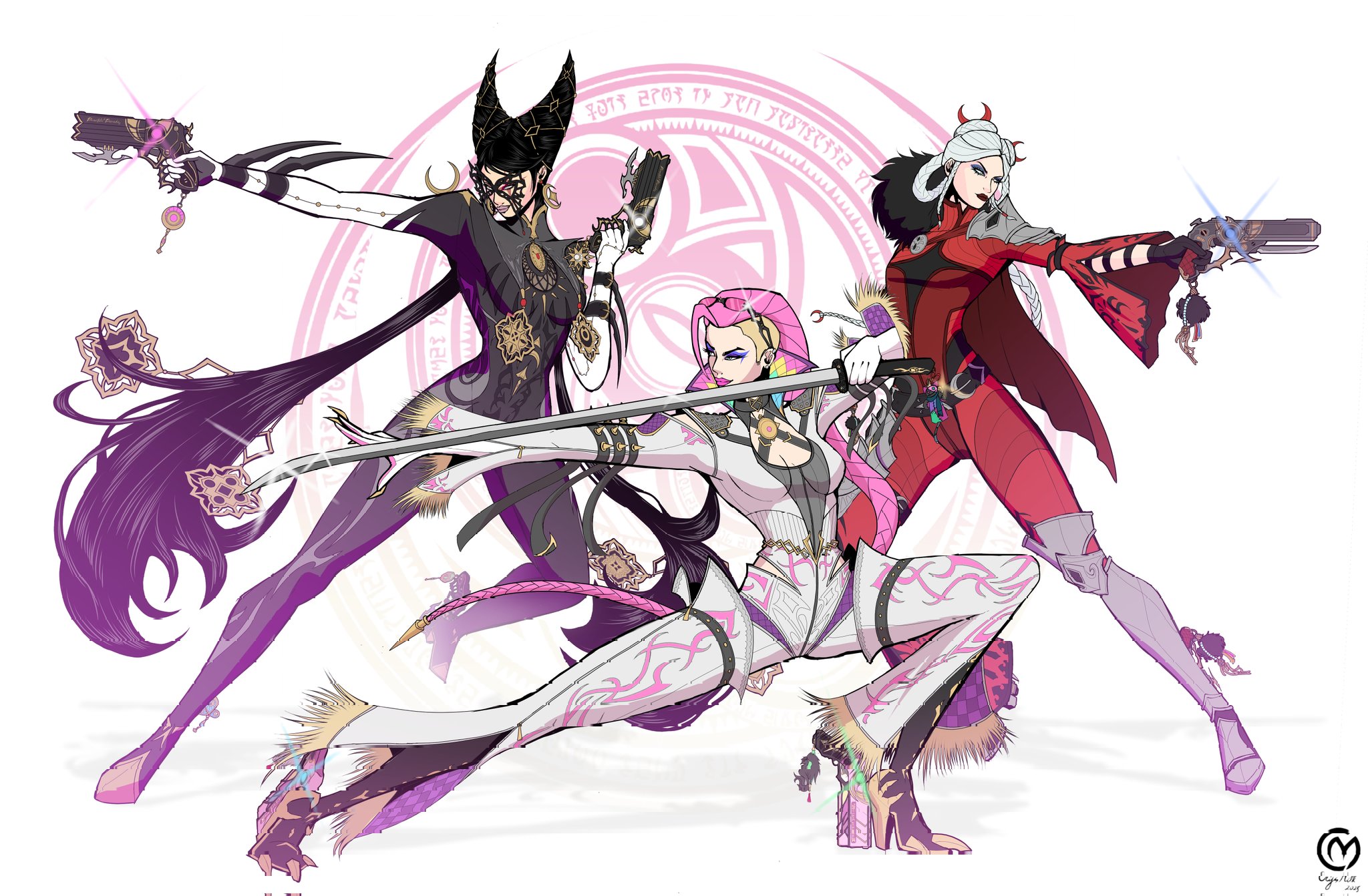 bayonetta, jeanne (bayonetta), viola (bayonetta), bayonetta (series), bayonetta 3, highres, 3girls, aiming, ankle gun, black bodysuit, black hair, bodysuit, braid, crysmilk, eyeshadow, eyewear on head, full body, glass, gun, hair horns, handgun, long hair, makeup, multiple girls, pink hair, purple eyeshadow, quadruple wielding, red bodysuit, redesign, sigil, standing, sword, very long hair, weapon, white background, white bodysuit, white hair