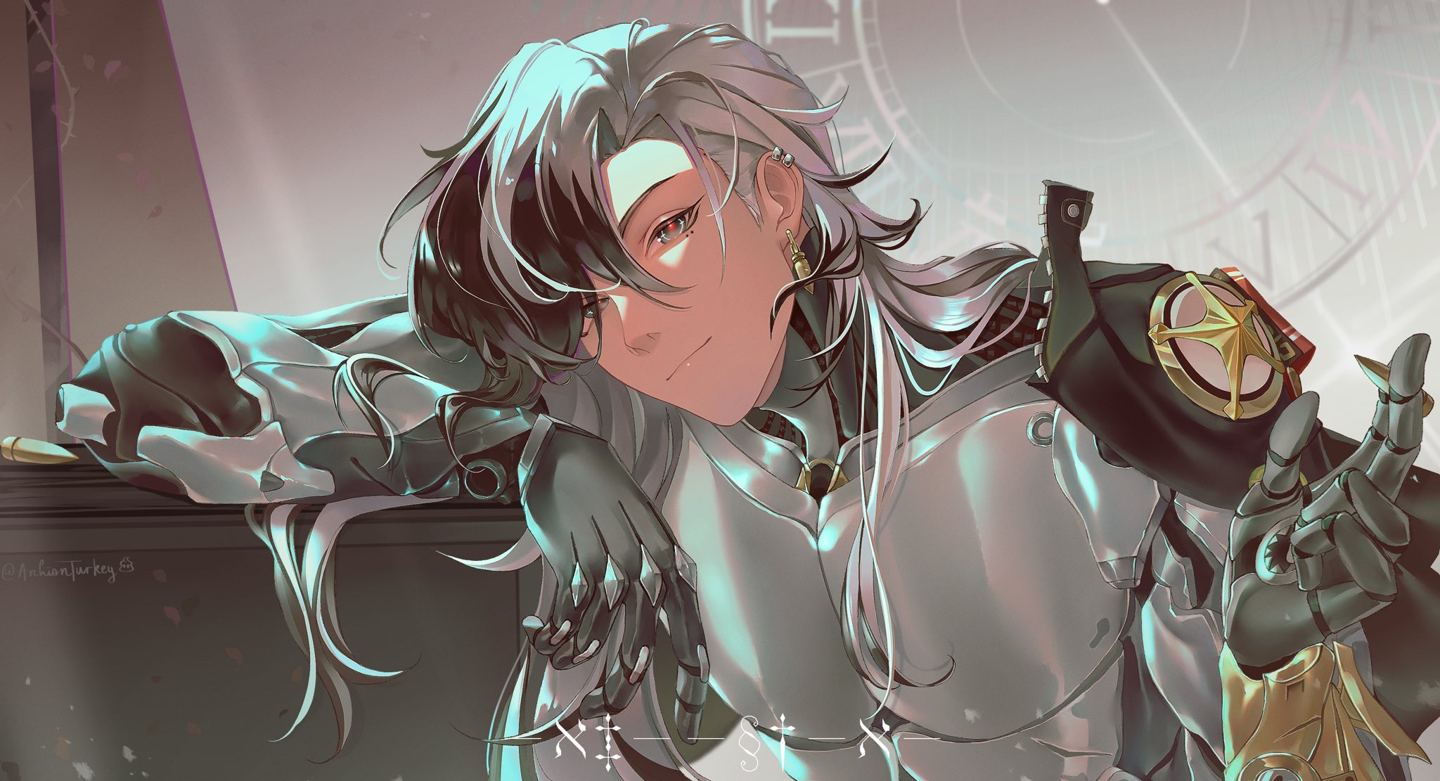 boothill (honkai: star rail), honkai: star rail, honkai (series), highres, 1boy, archionturkey, arm guards, arm pillow, armor, black eyes, black hair, breastplate, curtained hair, earrings, elbow rest, hair over shoulder, hand up, head rest, head tilt, jewelry, joints, leaning, long hair, looking at viewer, male focus, mechanical arms, mechanical hands, multicolored hair, red pupils, robot joints, shoulder armor, smile, solo, two-tone hair, upper body, white hair