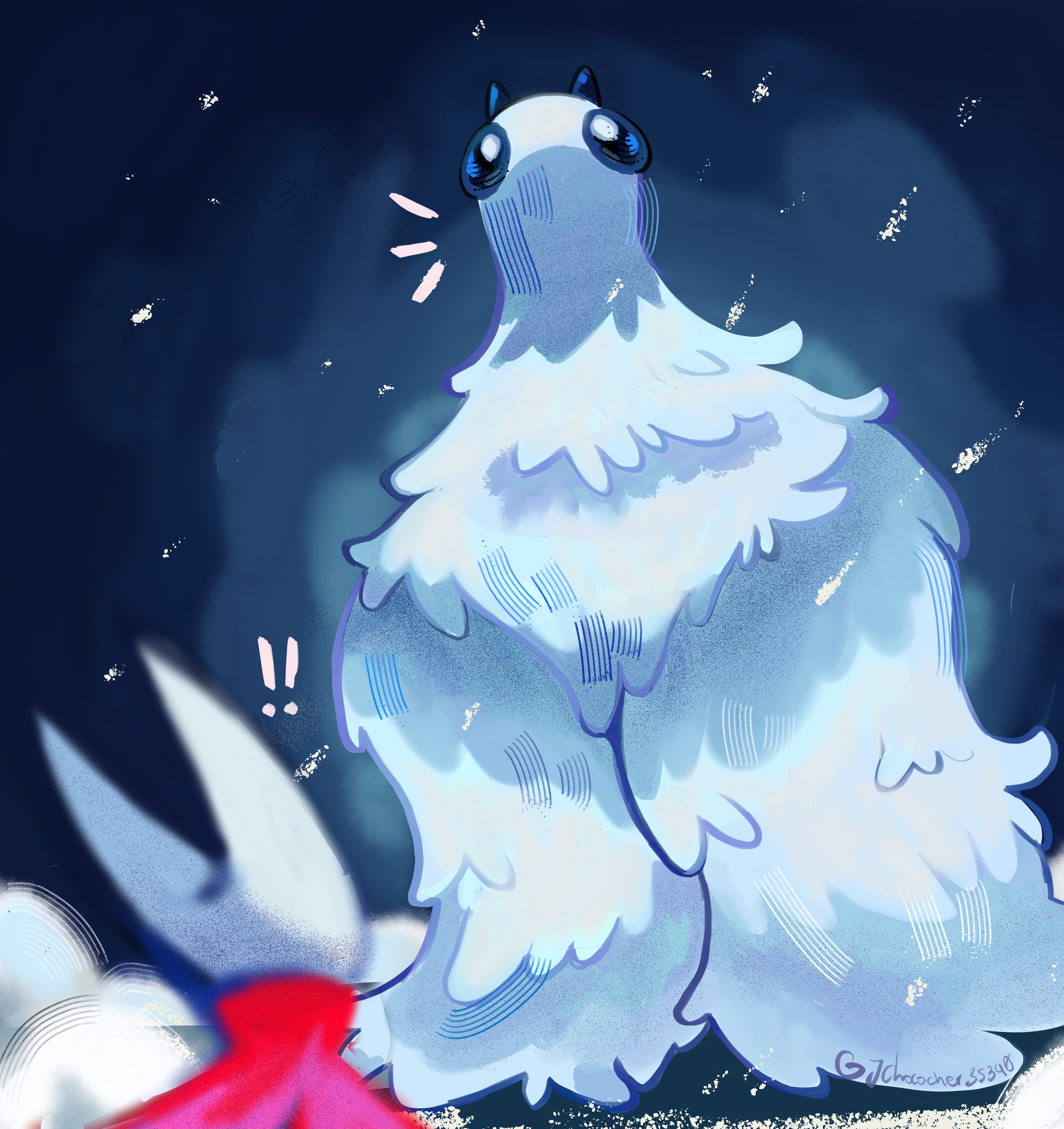 hornet (hollow knight), hollow knight, hollow knight: silksong, absurdres, highres, !, !!, bird, blue eyes, cloak, falling feathers, fayforn (hollow knight), feathers, from behind, horned mask, horns, jchococher35340, looking at another, mask, red cloak, white feathers, white fur, white mask, wings