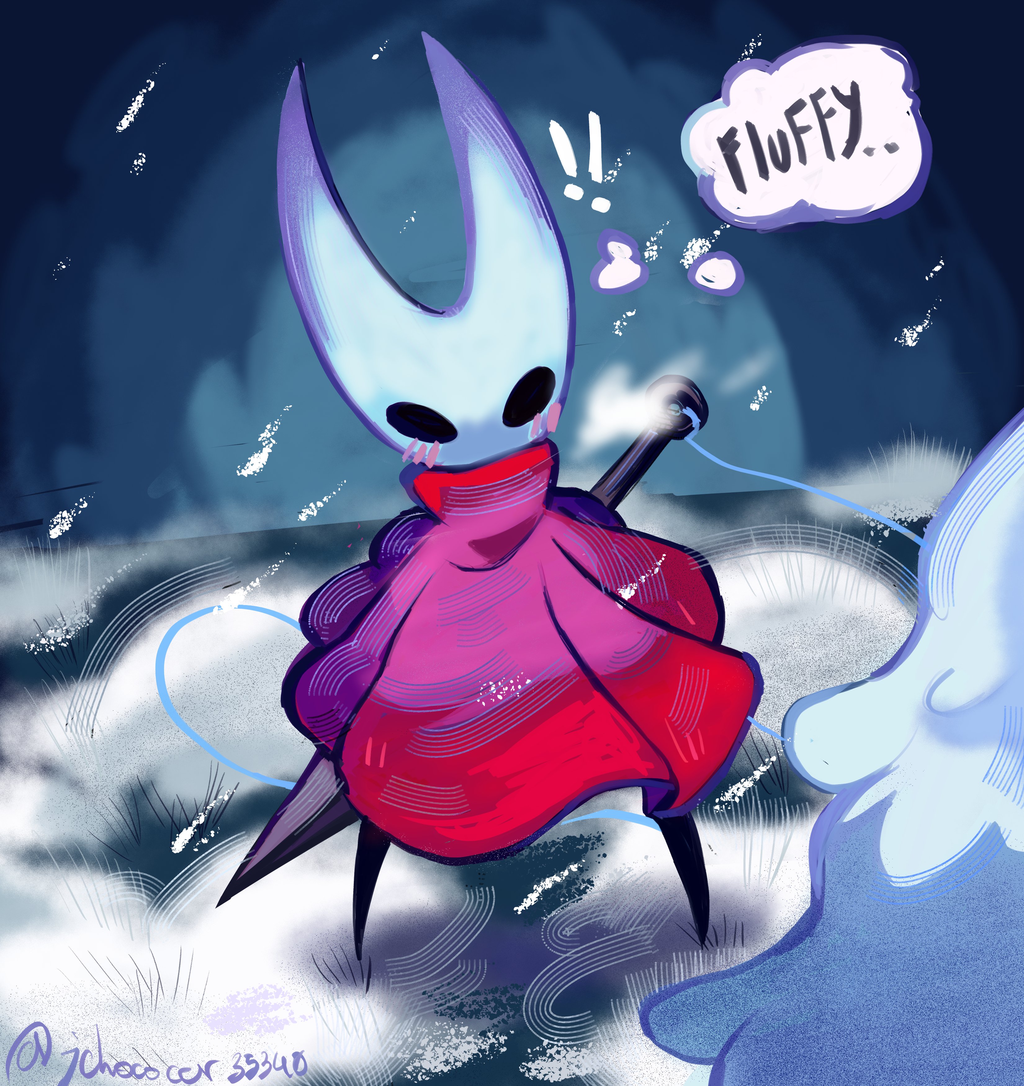 hornet (hollow knight), hollow knight, hollow knight: silksong, absurdres, highres, 1girl, arthropod girl, black eyes, black skin, blush stickers, cloak, colored skin, english text, falling feathers, fayforn (hollow knight), feathers, full body, hollow eyes, horned mask, horns, jchococher35340, looking at another, mask, needle (hollow knight), red cloak, speech bubble, thought bubble, thread, weapon, weapon on back, white feathers, white fur, white mask