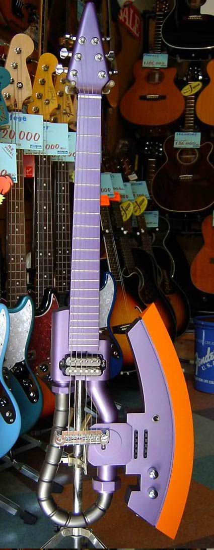 zaku, gundam, mobile suit gundam, long image, photo (medium), tall image, axe, electric guitar, guitar, instrument, no humans, weapon, weapon focus