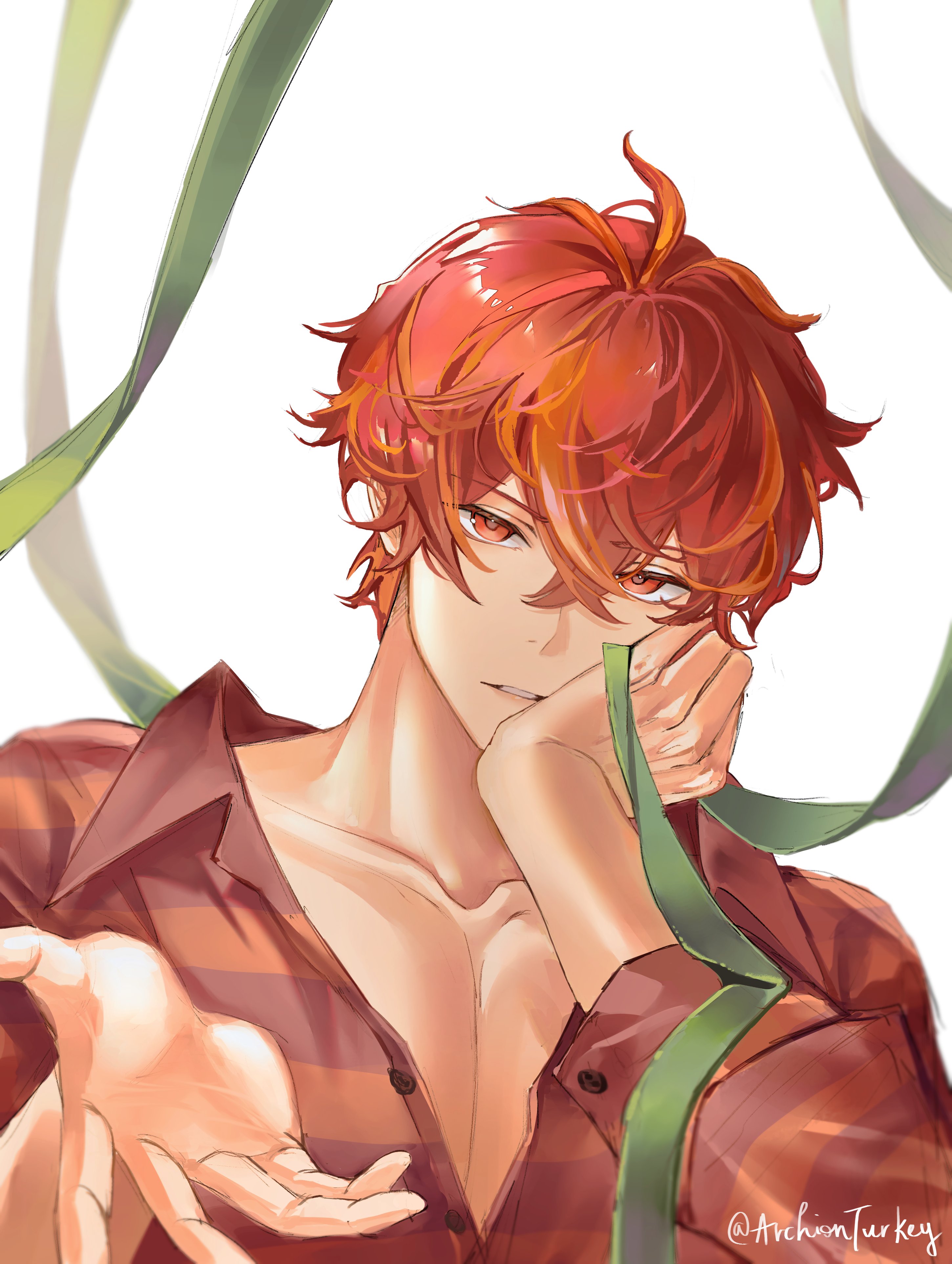 absurdres, copyright request, highres, 1boy, archionturkey, character name, crossed bangs, double-parted bangs, green ribbon, hair between eyes, hand on own face, head rest, looking at viewer, male focus, messy hair, offering hand, orange hair, outstretched hand, parted lips, partially open shirt, pectorals, ribbon, shirt, short hair, solo, striped clothes, striped shirt, upper body