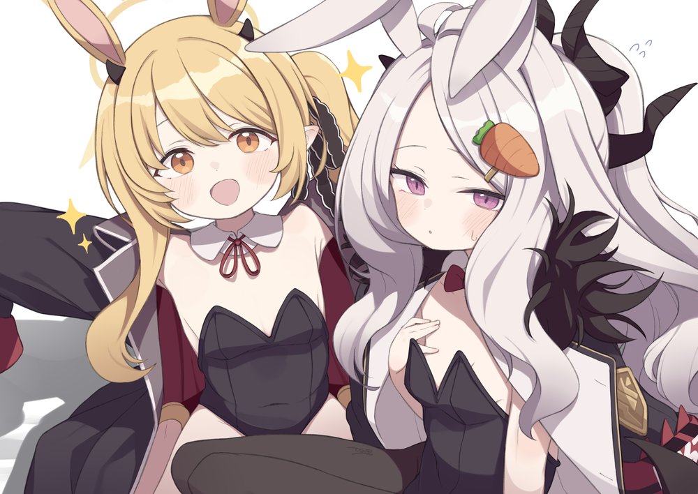 gamuo, hina (blue archive), ibuki (blue archive), blue archive, commentary, symbol-only commentary, 2girls, animal ears, armpits, arms up, black coat, black leotard, black pantyhose, black ribbon, blonde hair, blush, bow, bowtie, breasts, brown eyes, carrot hair ornament, coat, coat on shoulders, collar, covered navel, demon girl, demon horns, detached collar, embarrassed, flying sweatdrops, food-themed hair ornament, grey hair, hair ornament, hairclip, hand on own chest, horns, leotard, long hair, looking at viewer, multiple girls, open mouth, oversized clothes, pantyhose, pink eyes, playboy bunny, pointy ears, ponytail, rabbit ears, rabbit girl, red bow, red bowtie, ribbon, side ponytail, sitting, sleeves past wrists, small breasts, small horns, smile, sparkle, strapless, strapless leotard, thighs, very long hair, white collar