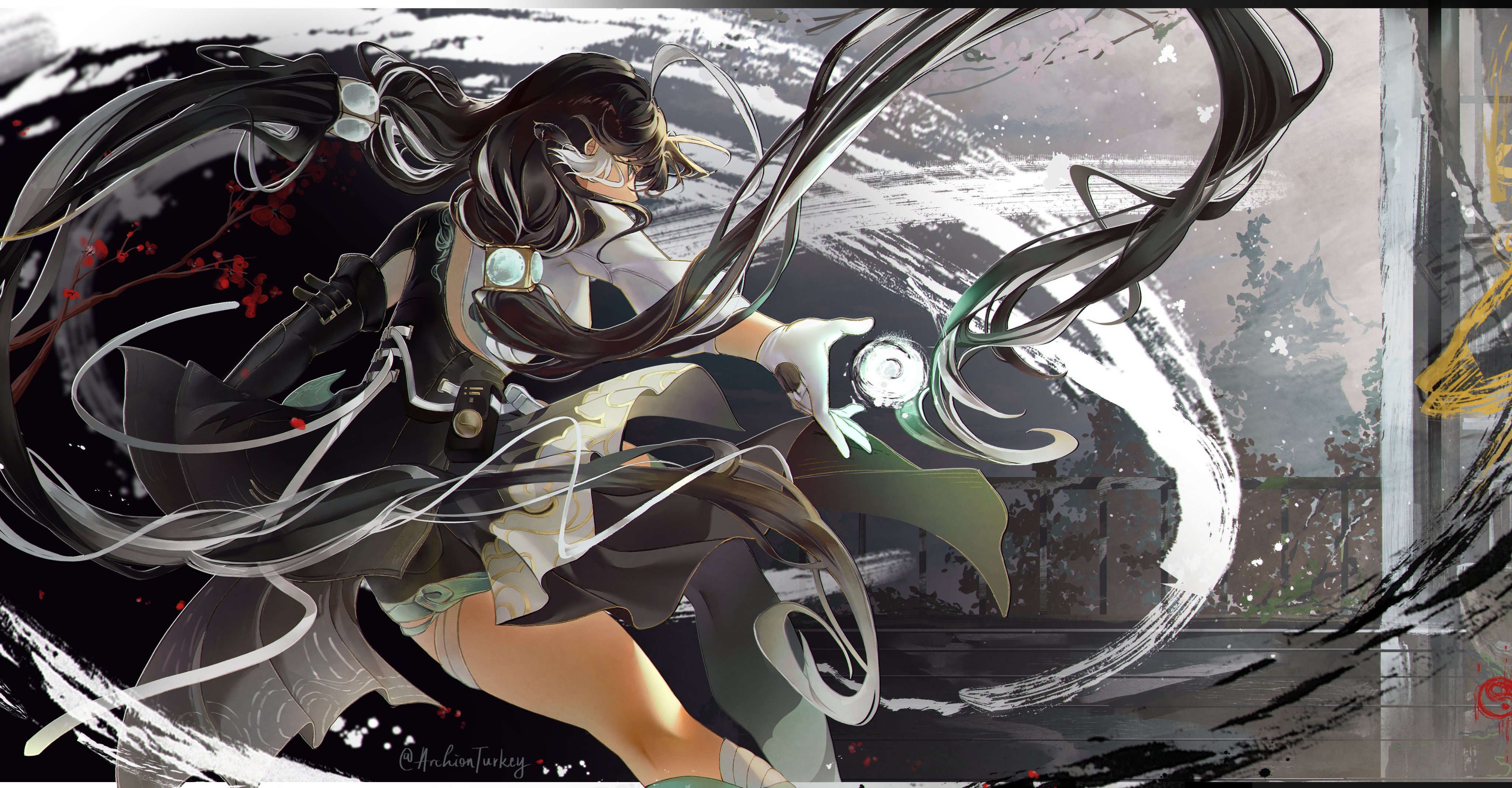 jianxin (wuthering waves), wuthering waves, absurdres, clothing request, highres, 1girl, archionturkey, black gloves, black hair, blue eyes, dress, elbow gloves, feet out of frame, gloves, hair ornament, layered dress, long hair, looking at viewer, looking back, orb, outstretched arm, serious, single leg pantyhose, solo, twintails, very long hair, white gloves
