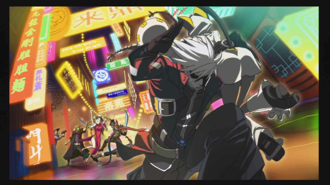 ragna the bloodedge, taokaka, arc system works, blazblue, blazblue: calamity trigger, silver hair, game cg, official art, 2girls, 4boys, animal ears, arms up, back, black pants, bun cover, carrying, cat ears, china dress, chinese clothes, chinese text, city, dark skin, double bun, dress, dutch angle, fake animal ears, fleeing, glowing, gun, handgun, multiple boys, multiple girls, neon lights, night, pants, pistol, running, sign, sweat, sword, weapon