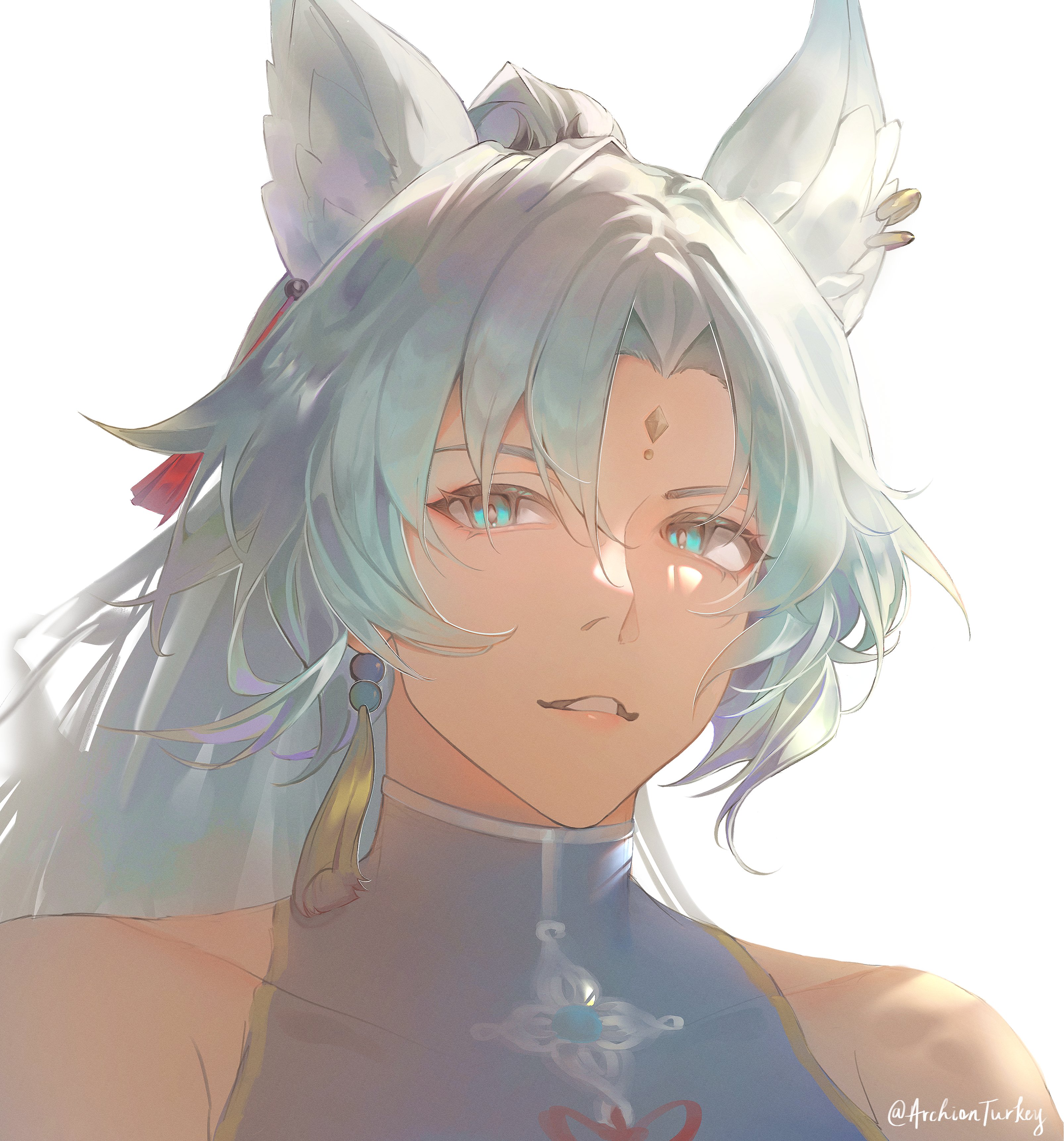 feixiao (honkai: star rail), honkai: star rail, honkai (series), absurdres, highres, 1girl, animal ear piercing, animal ears, archionturkey, blue eyes, curtained hair, double-parted bangs, earrings, facial mark, forehead mark, fox ears, fox girl, high collar, jewelry, looking at viewer, portrait, shirt, sleeveless, sleeveless shirt, smile, solo, tassel, tassel earrings, white hair