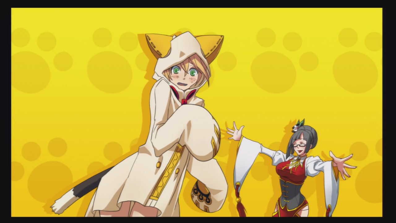 lao jiu, litchi faye ling, noel vermillion, taokaka, arc system works, blazblue, blazblue: calamity trigger, game cg, official art, animal ears, blonde hair, blush, cat ears, cat tail, cosplay, embarrassed, fake animal ears, green eyes, panda, tail, taokaka (cosplay)
