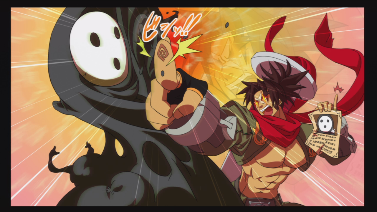 arakune, shishigami bang, arc system works, blazblue, blazblue: calamity trigger, official art, + +, ^^^, abs, glowing, glowing eyes, male focus, manly, muscular, pinky out, pointing, scar, scarf, zoom layer