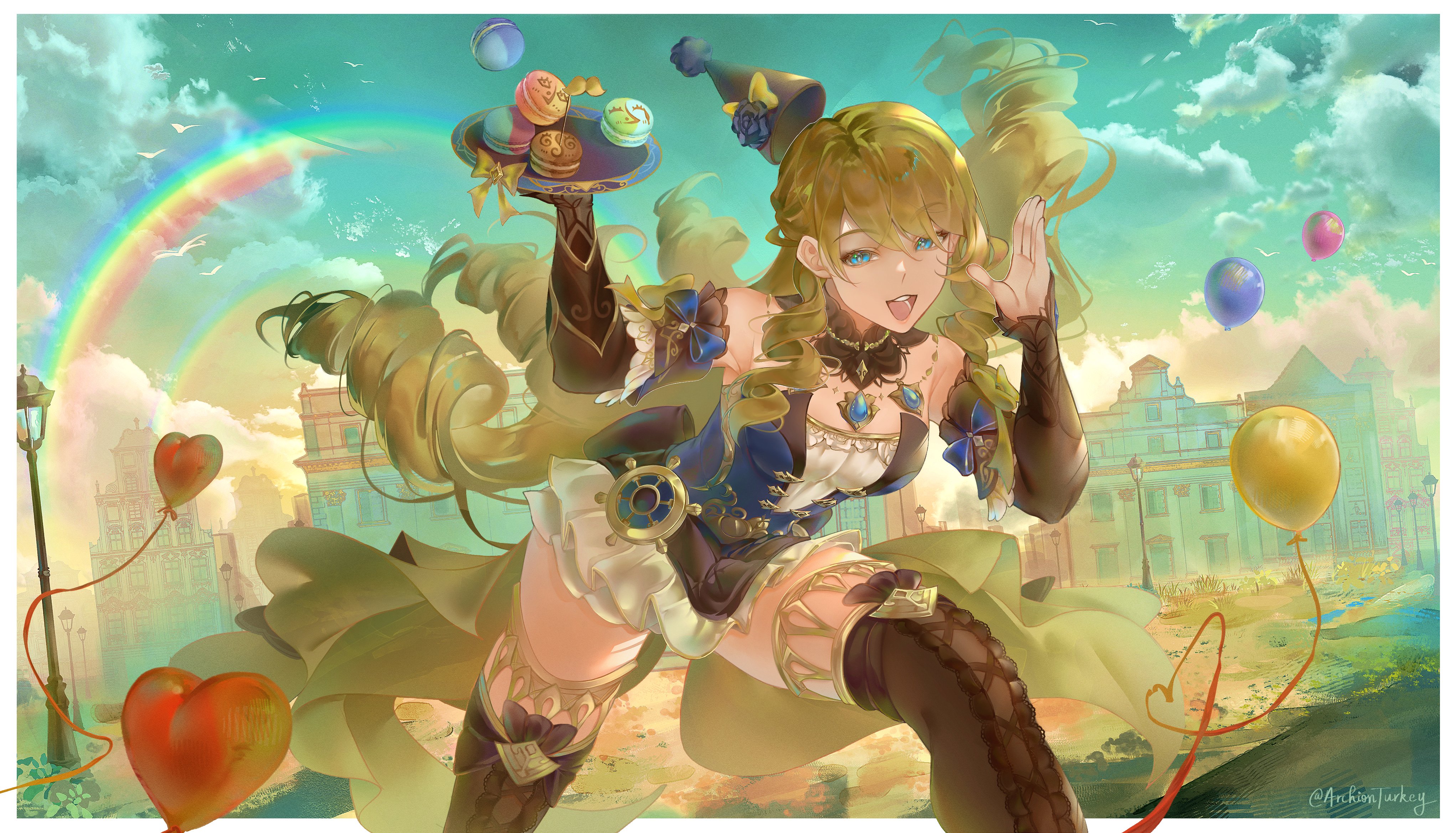 navia (genshin impact), genshin impact, absurdres, highres, 1girl, archionturkey, balloon, black thighhighs, blonde hair, blue dress, border, brooch, building, collar, curly hair, day, dessert, detached sleeves, dress, food, grin, hand up, hat, holding, holding plate, jewelry, lamppost, leaning forward, long hair, looking at viewer, macaron, multiple drills, outdoors, outside border, party hat, pendant, plate, rainbow, smile, solo, thighhighs, very long hair, walking, white border, zettai ryouiki