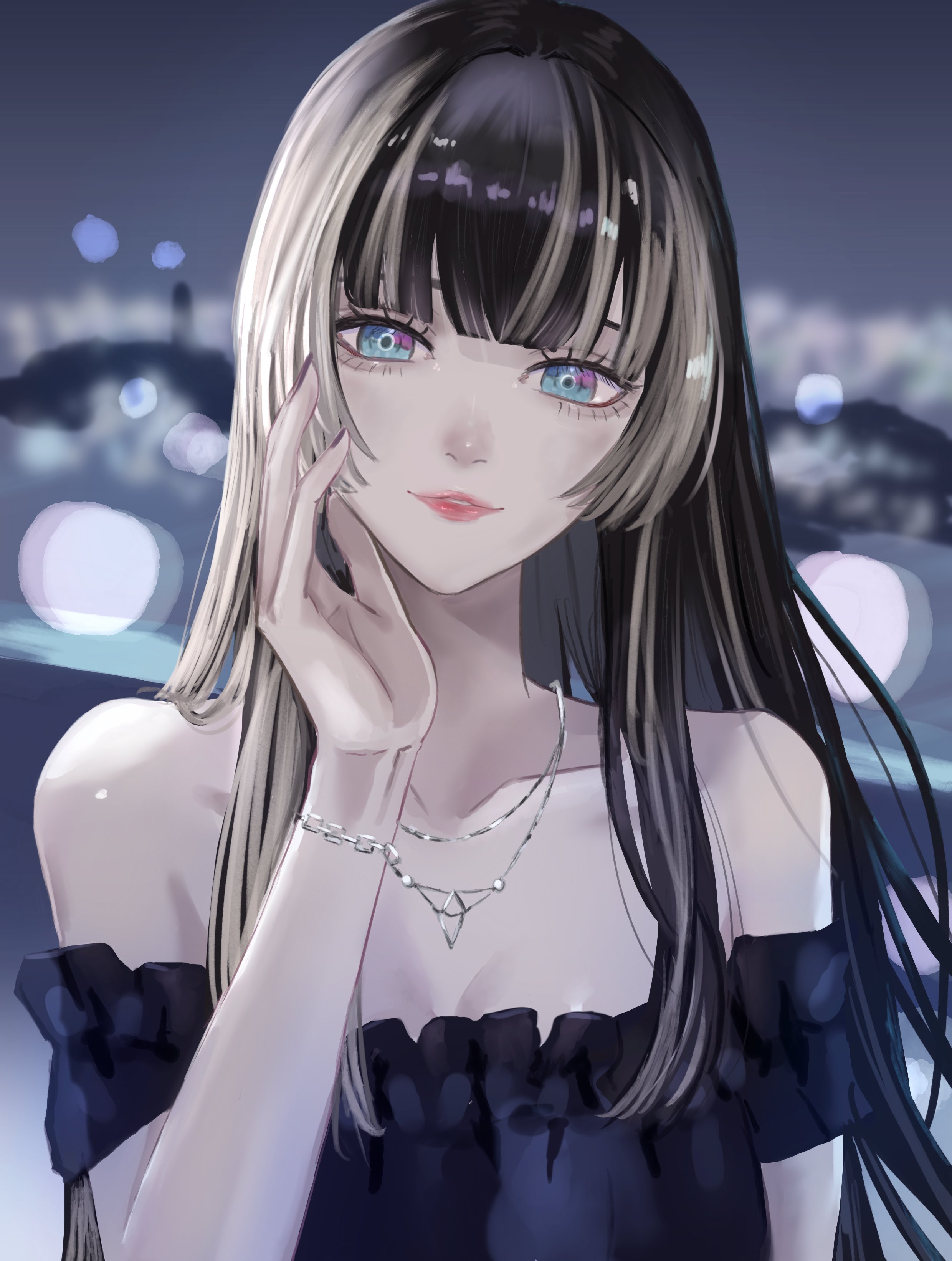 dhbwinner, juufuutei raden, hololive, hololive dev is, absurdres, hashtag-only commentary, highres, 1girl, alternate costume, bare shoulders, black dress, black hair, blonde hair, blue eyes, blunt bangs, blurry, blurry background, breasts, collarbone, dress, hand on own cheek, hand on own face, hand up, hime cut, jewelry, long hair, looking at viewer, multicolored hair, necklace, off-shoulder dress, off shoulder, solo, two-tone hair, virtual youtuber