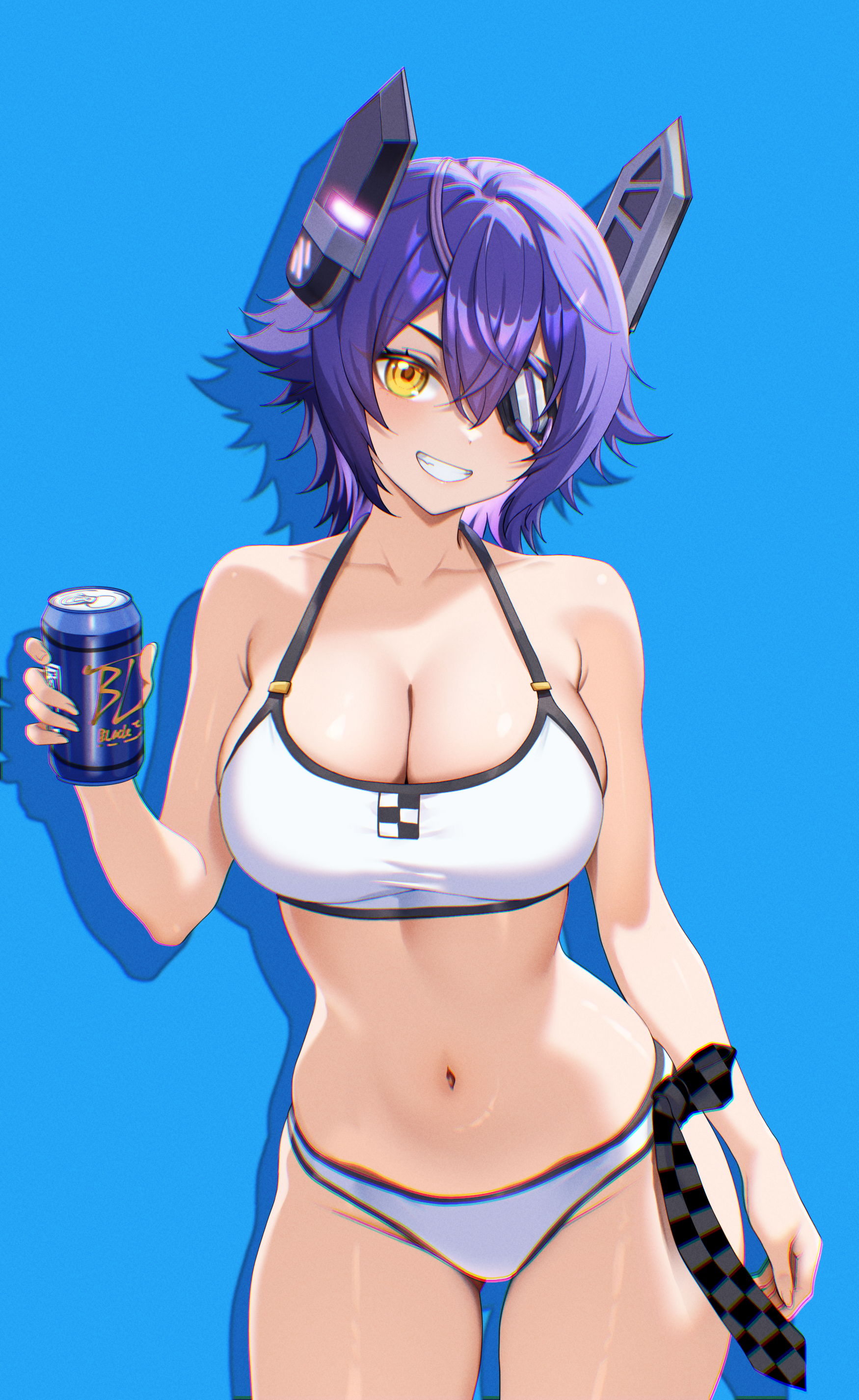 4ddd, tenryuu (kancolle), tenryuu (swimsuit) (kancolle), tenryuu kai ni (kancolle), kantai collection, absurdres, commission, highres, pixiv commission, 1girl, bikini, blue background, breasts, can, checkered necktie, cleavage, drink can, eyepatch, grin, headgear, large breasts, necktie, purple hair, short hair, simple background, smile, solo, standing, swimsuit, unworn necktie, white bikini, yellow eyes