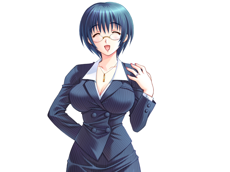 kuroda akimi, izawa ritsuko, tsuma shibori, tsumamigui (series), game cg, non-web source, official art, blazer, blue hair, blush, breasts, cleavage, closed eyes, jacket, jewelry, large breasts, necklace, open mouth, pencil skirt, pixie cut, ring, semi-rimless eyewear, short hair, skirt, smile, teacher, wedding ring