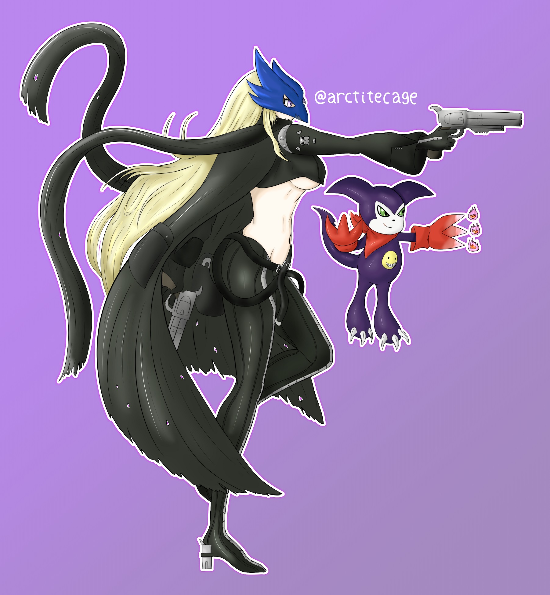 arctitecage, beelstarmon, impmon, digimon, original, highres, digimon (creature), gun, holding, holding gun, holding weapon, weapon