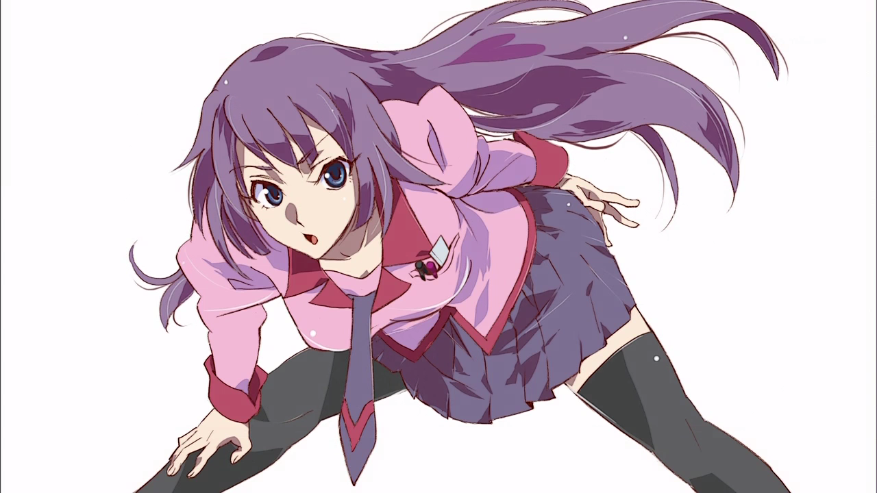 senjougahara hitagi, bakemonogatari, monogatari (series), anime screenshot, 00s, 1girl, blue eyes, female focus, necktie, purple hair, school uniform, shaft (company), simple background, skirt, solo, thighhighs, white background, zettai ryouiki
