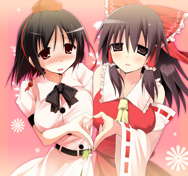 kujiran, kurikara, hakurei reimu, shameimaru aya, touhou, artist collaboration, 2girls, bare shoulders, black hair, blush, bow, breast press, breasts, brown eyes, brown hair, detached sleeves, female focus, hair bow, hat, heart, heart hands, heart hands duo, huge breasts, japanese clothes, large breasts, miko, multiple girls, red eyes, symmetrical docking, tokin hat