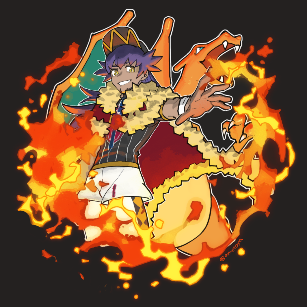 ametoya, charizard, leon (pokemon), nintendo, pokemon, pokemon swsh, 1boy, black background, cape, dark-skinned male, dark skin, facial hair, fire, fur-trimmed cape, fur trim, gen 1 pokemon, goatee, grin, hat, long hair, male focus, outstretched arm, purple hair, red cape, shorts, smile, solo, white shorts