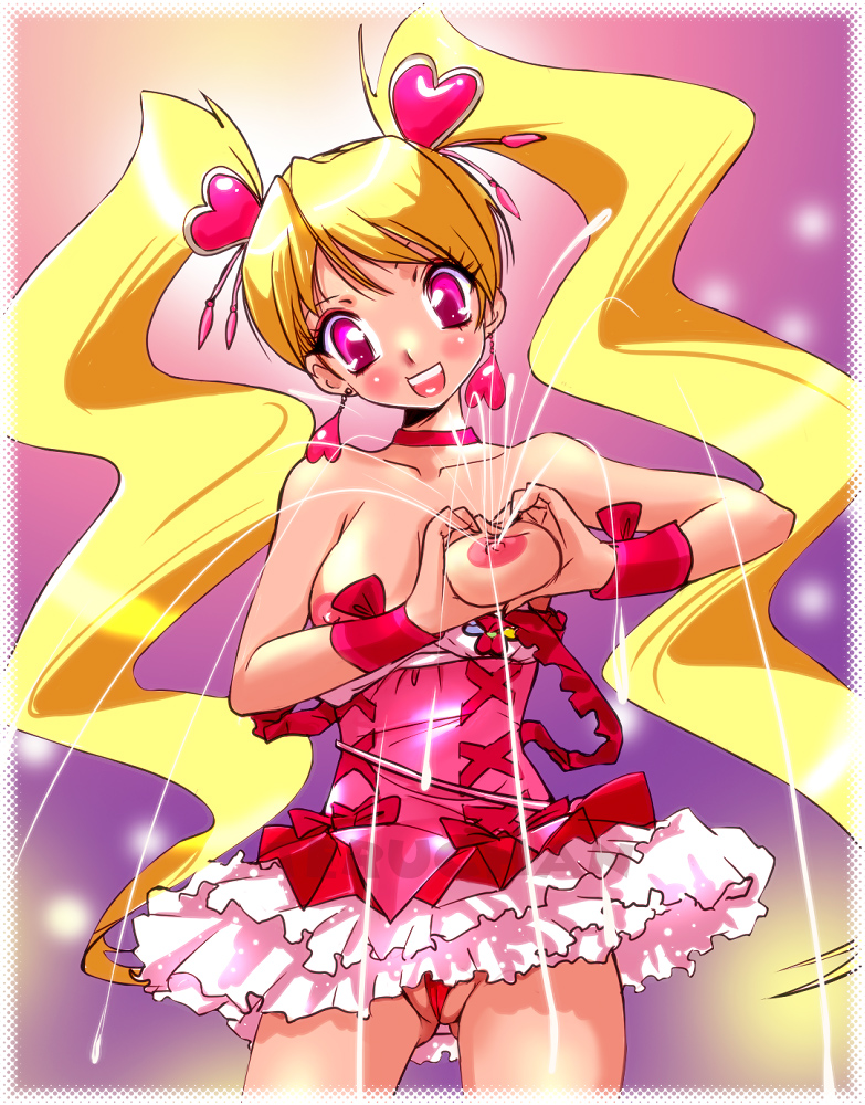 teruchan, cure peach, momozono love, fresh precure!, precure, 00s, 1girl, :d, blonde hair, breasts, breasts squeezed together, cameltoe, earrings, female focus, heart, heart-shaped boob challenge, heart hands, jewelry, lactation, magical girl, medium breasts, milk, nipples, open mouth, pink eyes, skirt, smile, solo