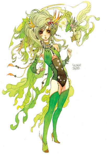 sakizou, rydia (adult) (ff4), rydia (ff4), final fantasy, final fantasy iv, bad id, bad pixiv id, painting (medium), traditional media, watercolor (medium), 1990s (style), 1girl, aged up, boots, bracelet, brown eyes, detached sleeves, dragon, earrings, female focus, green boots, green hair, hair ornament, high heel boots, high heels, jewelry, leotard, lipstick, long hair, makeup, nail polish, necklace, orange nails, retro artstyle, shoes, simple background, solo, standing, thigh boots, thighhighs, wings