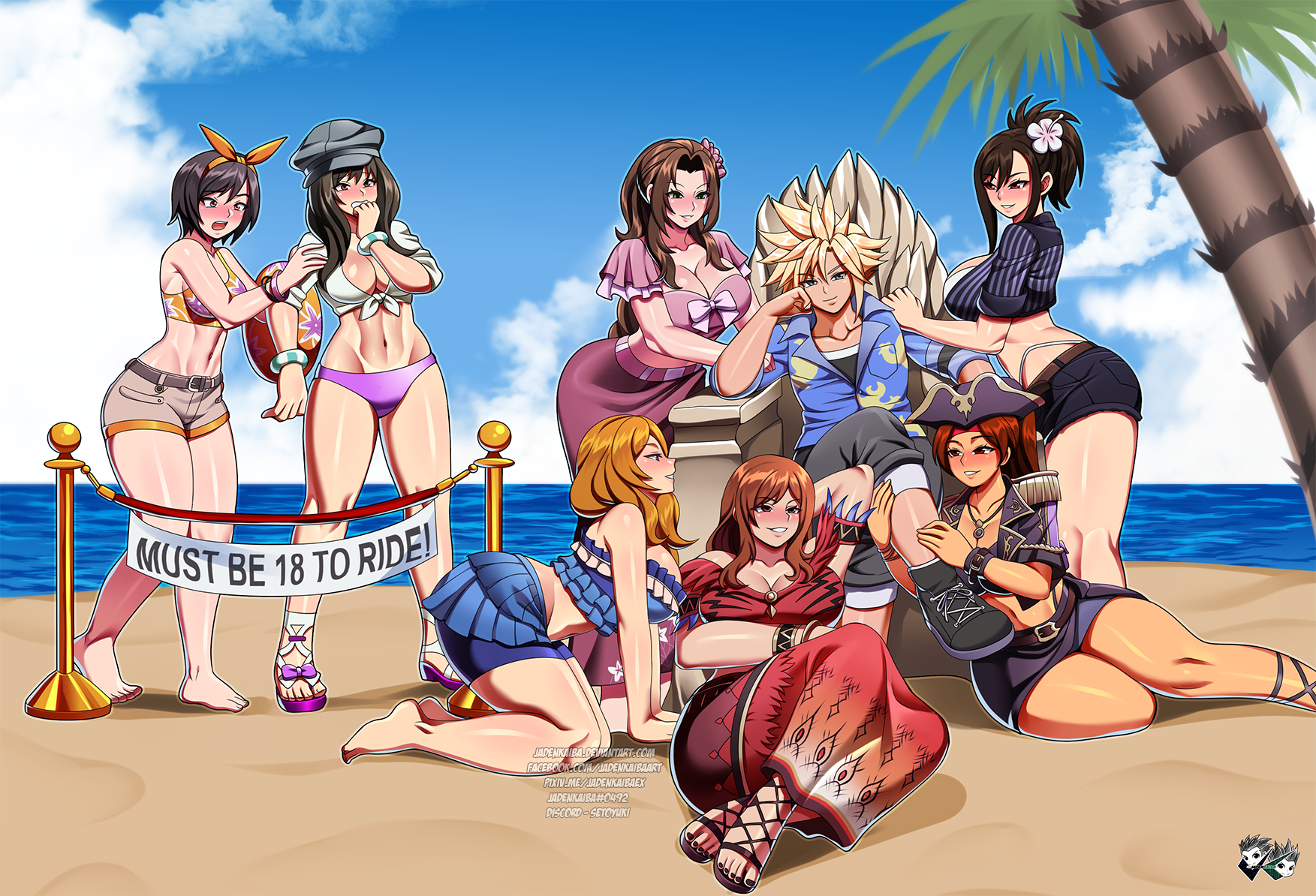 jadenkaiba, aerith gainsborough, cissnei, cloud strife, jessie rasberry, tifa lockhart, yuffie kisaragi, final fantasy, final fantasy vii, final fantasy vii remake, 1boy, beach, breasts, harem, kirie canaan, large breasts, long hair, ocean