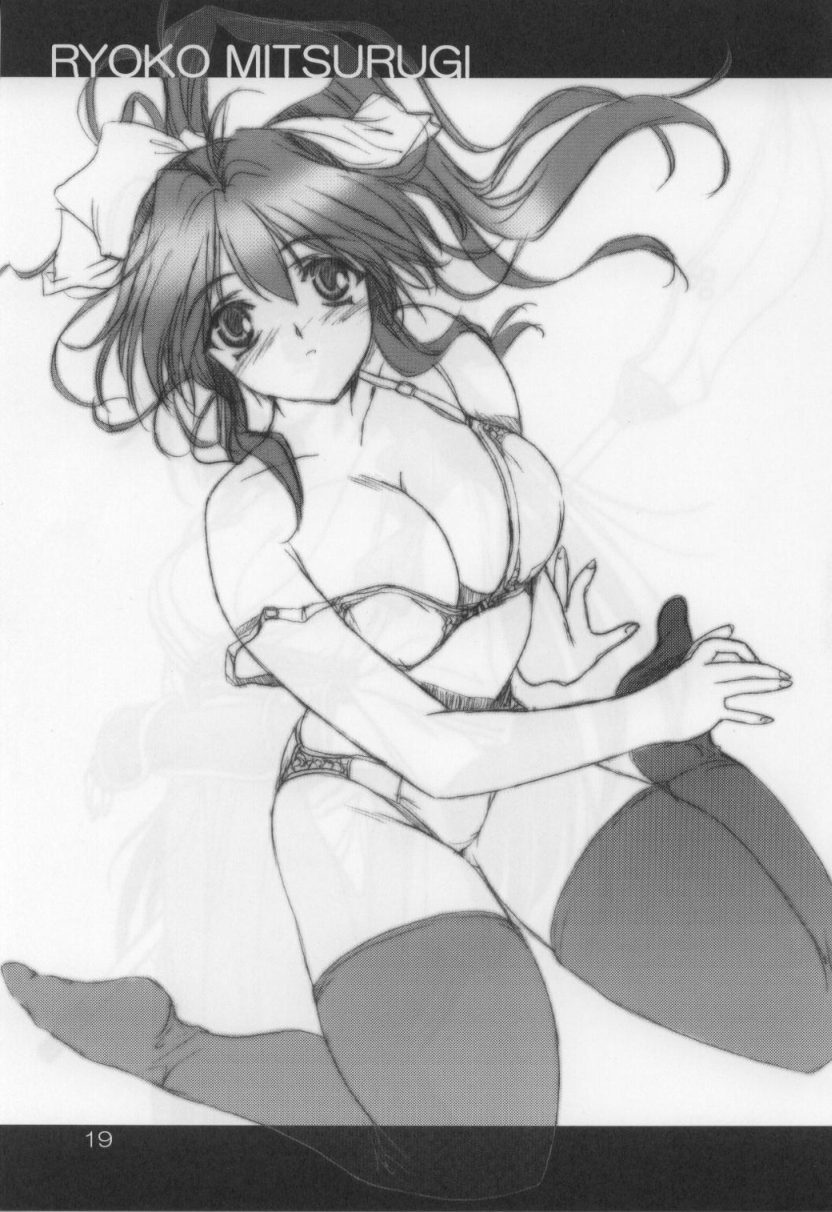 takegami setsuna, mitsurugi ryouko, real bout high school, highres, scan, scan artifacts, 1girl, blush, bow, bra, breasts, character name, cleavage, female focus, greyscale, hair bow, large breasts, lingerie, monochrome, panties, ponytail, solo, strap gap, strap slip, thighhighs, underwear, underwear only