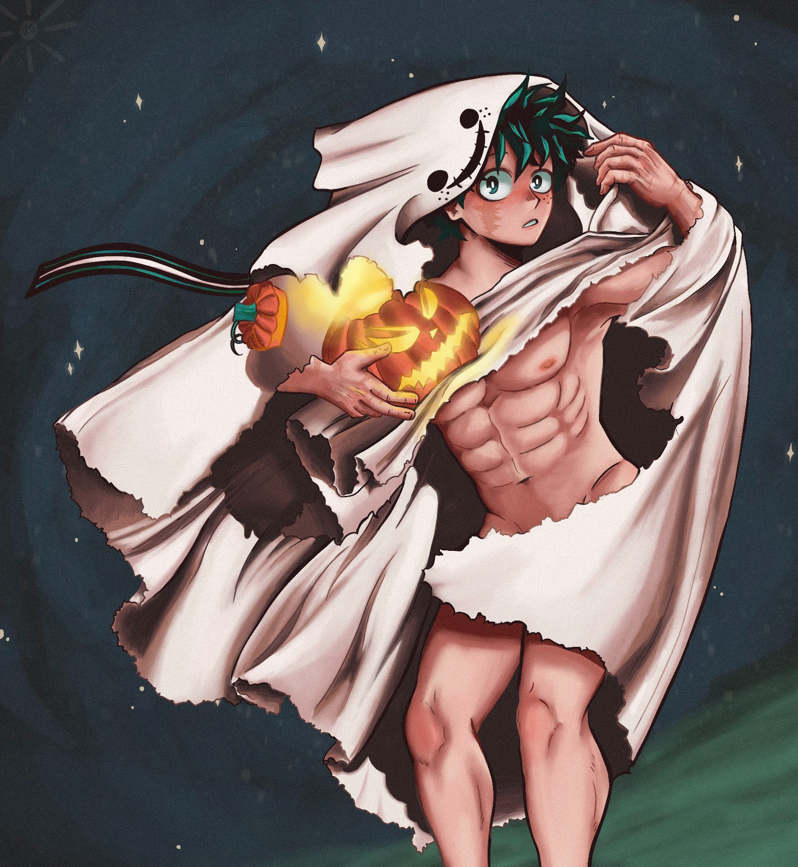 midoriya izuku, boku no hero academia, shounen jump, abs, bare legs, completely nude, freckles, ghost costume, green eyes, green hair, legs, messy hair, nude, pectorals, pumpkin, queerwitha pen, scar