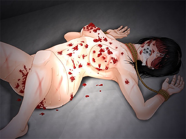 studios, original, 1girl, ball gag, barefoot, bdsm, black hair, blindfold, bondage, bound, bound wrists, breasts, breasts apart, candle wax, completely nude, feet, female focus, gag, gagged, lying, navel, nipples, nose hook, nude, on back, rope, saliva, short hair, wax, wax on body, wax on breasts, whip marks