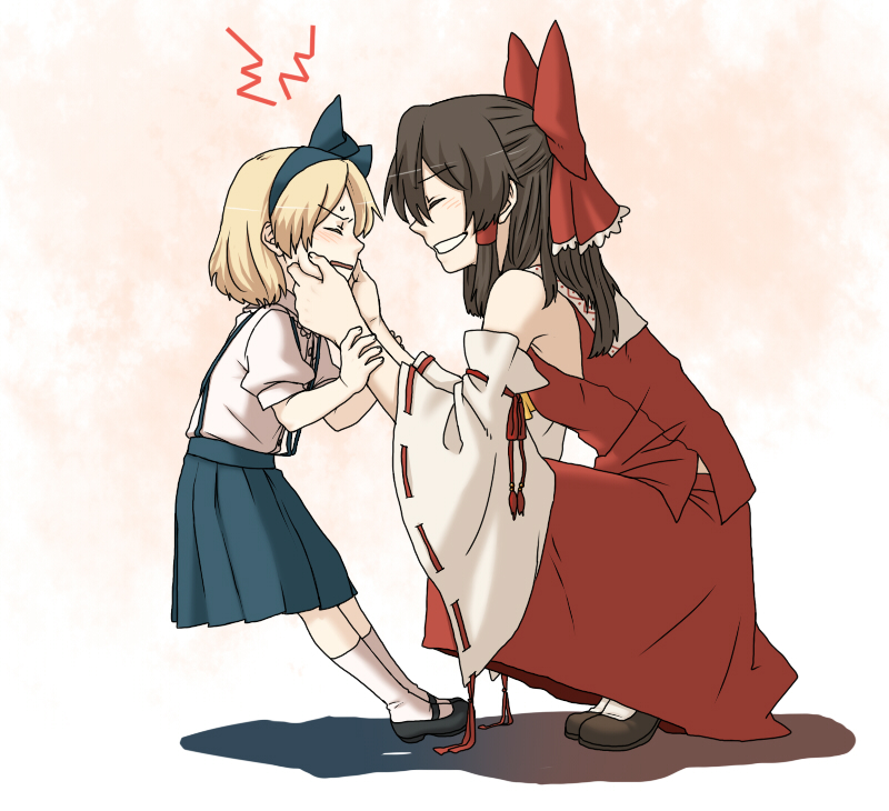 torinone, alice margatroid, alice margatroid (pc-98), hakurei reimu, mystic square, touhou, touhou (pc-98), 2girls, blonde hair, bow, brown hair, cheek pinching, detached sleeves, female focus, hair bow, hairband, japanese clothes, mary janes, miko, multiple girls, pinching, shoes, short hair, time paradox