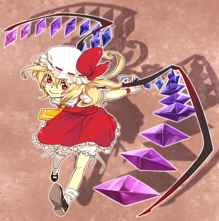 aarue, flandre scarlet, embodiment of scarlet devil, touhou, bad id, bad pixiv id, 1girl, black shoes, blonde hair, blouse, brown background, collared shirt, female focus, hair between eyes, hat, mary janes, mob cap, red eyes, shirt, shoes, short hair, socks, solo, white hat, white shirt, white socks, wings