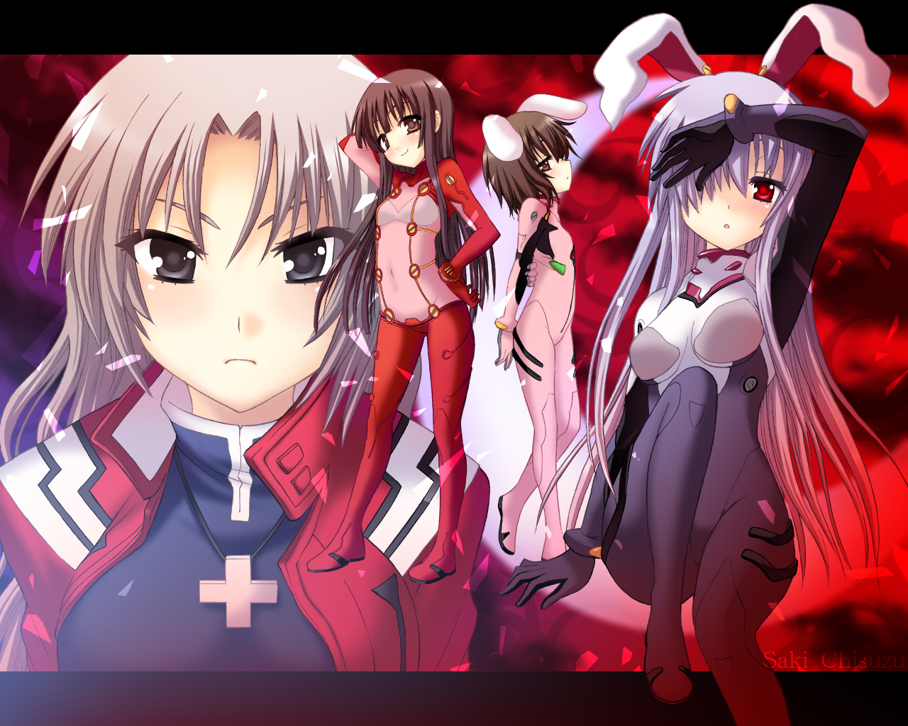 saki chisuzu, houraisan kaguya, inaba tewi, reisen udongein inaba, yagokoro eirin, neon genesis evangelion, rebuild of evangelion, touhou, silver hair, 00s, animal ears, black eyes, brown eyes, cosplay, crossover, letterboxed, long hair, mecha pilot suit, multicolored bodysuit, outside border, plugsuit (cosplay), plugsuit (evangelion), purple hair, rabbit ears, red eyes, red theme, test plugsuit (evangelion), two-tone bodysuit