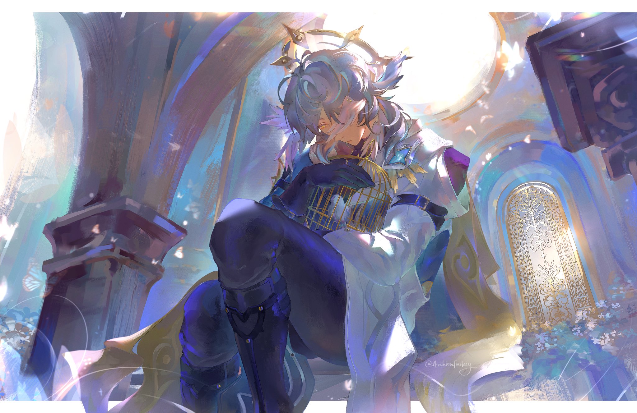 sunday (honkai: star rail), honkai: star rail, honkai (series), highres, 1boy, archionturkey, backlighting, birdcage, black boots, black gloves, boots, cage, clothing cutout, column, dappled sunlight, feet out of frame, gloves, halo, halo behind head, holding, holding cage, hugging object, indoors, jacket, knee boots, knee up, lens flare, letterboxed, light particles, long hair, looking at viewer, male focus, one eye covered, outside border, pillar, purple shirt, scenery, serious, shirt, shoulder belt, shoulder cutout, sitting, solo, sunlight, white hair, white jacket, yellow eyes