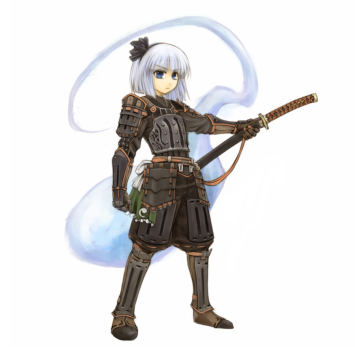 cervus, konpaku youmu, konpaku youmu (ghost), final fantasy, final fantasy xi, the iron of yin and yang, touhou, silver hair, highres, 00s, 1girl, armor, blue eyes, female focus, full body, ghost, hairband, katana, pants, pants tucked in, scabbard, sheath, sheathed, short hair, simple background, solo, sword, weapon, white background